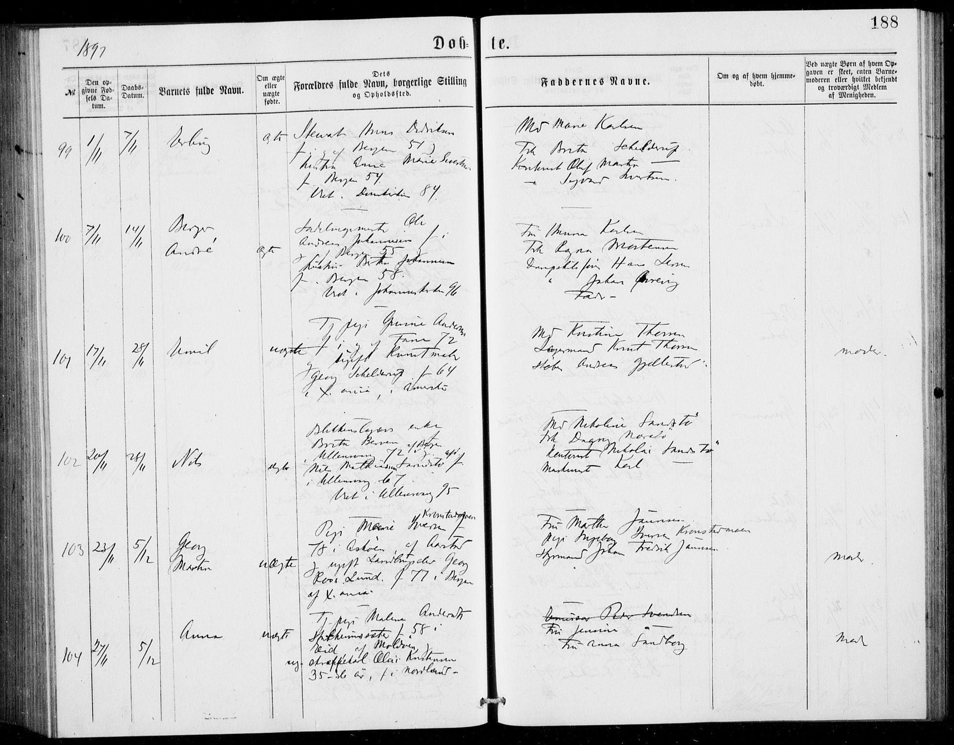 Fødselsstiftelsens sokneprestembete, ført av overlegen*, SAB/-: Parish register (official) no. A 2, 1884-1900, p. 188