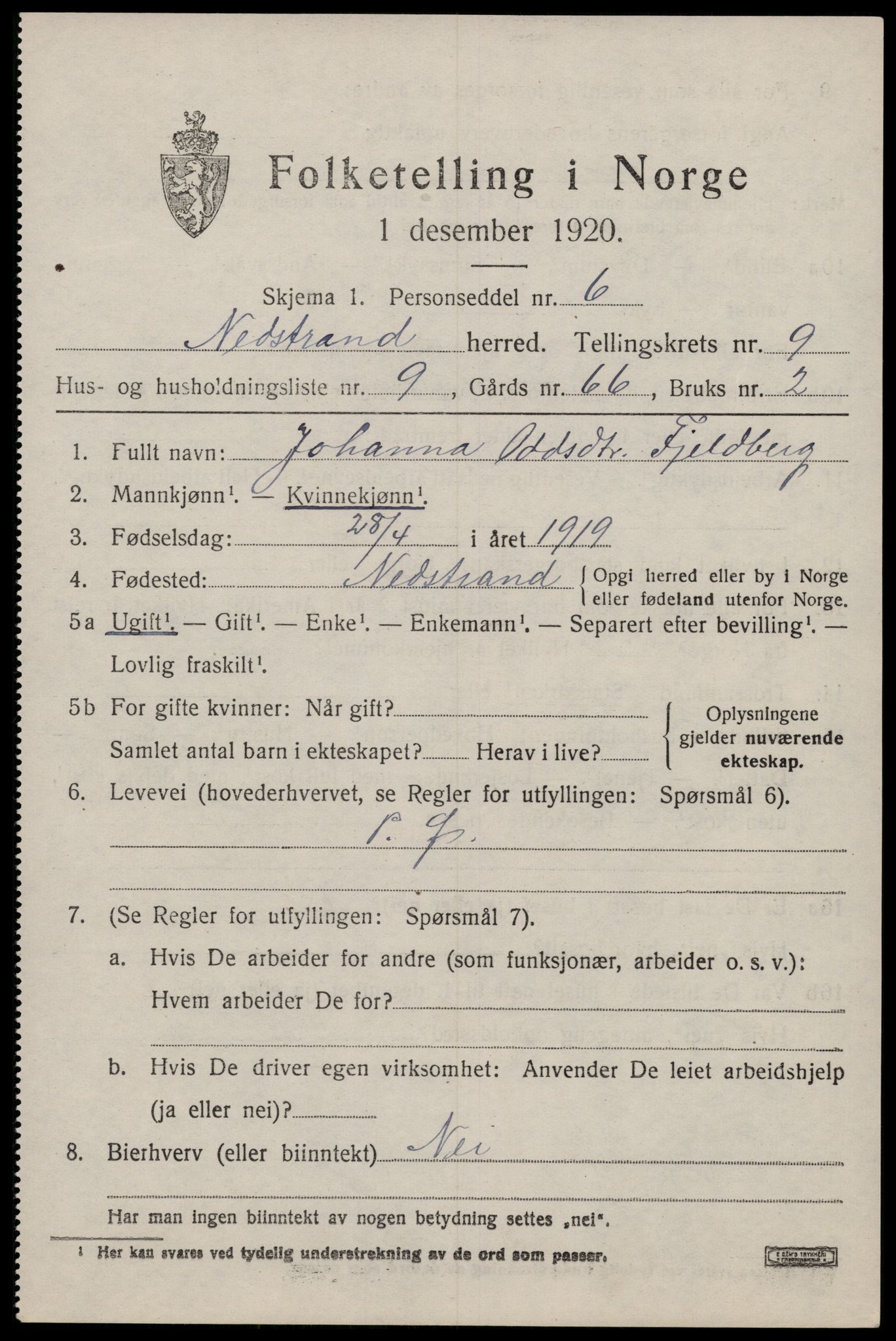 SAST, 1920 census for Nedstrand, 1920, p. 3339