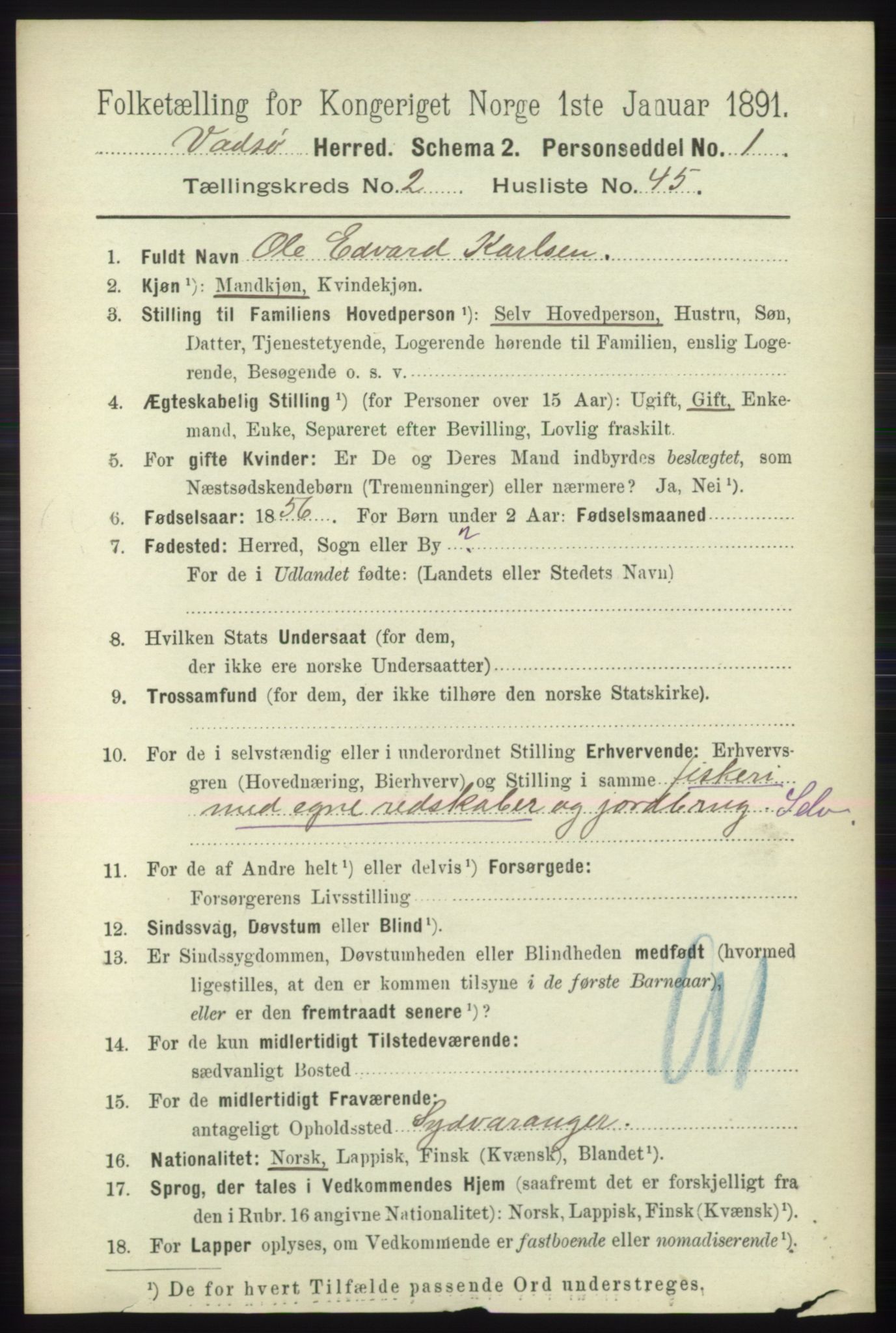 RA, 1891 census for 2029 Vadsø, 1891, p. 742