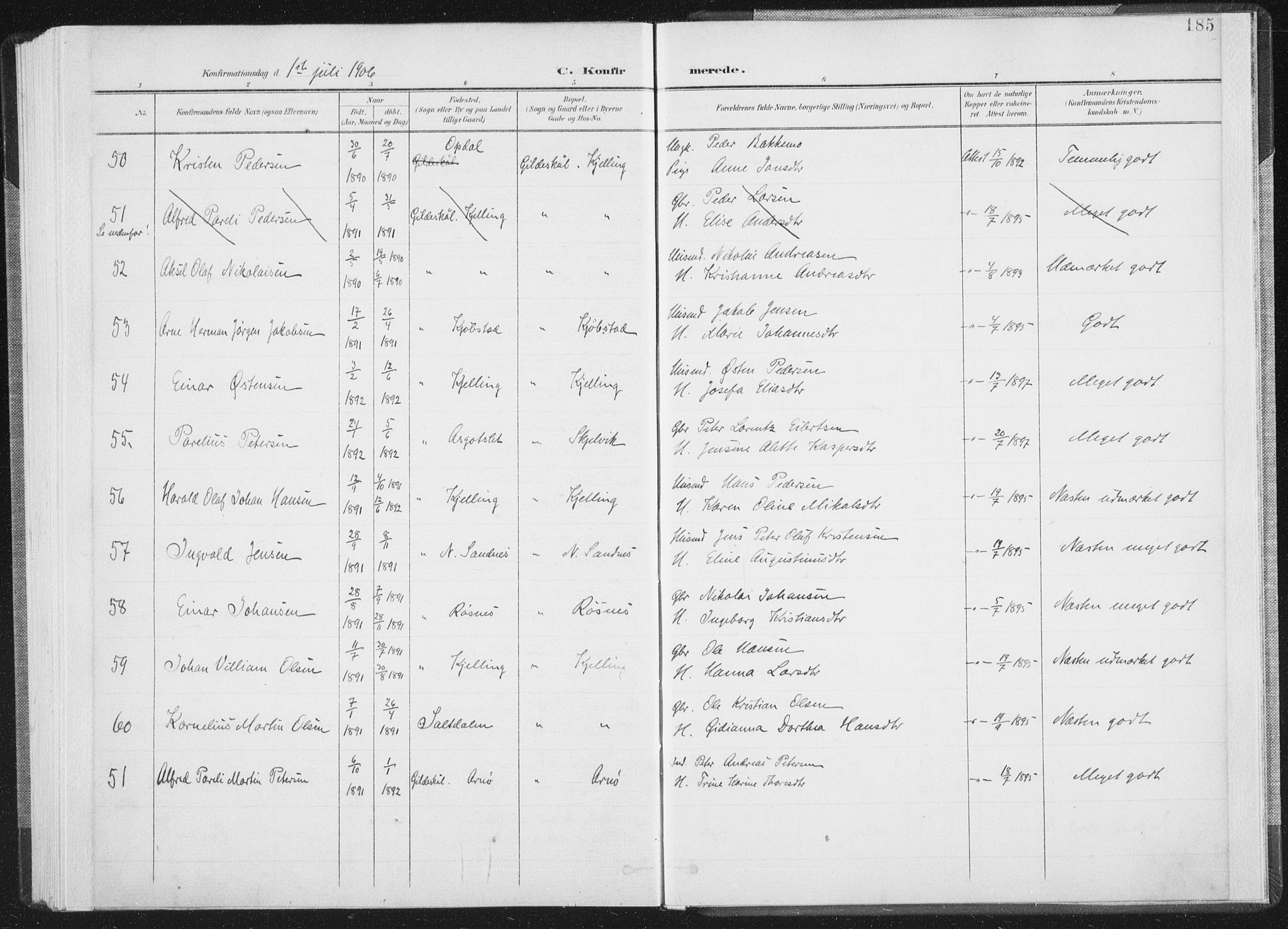 Ministerialprotokoller, klokkerbøker og fødselsregistre - Nordland, AV/SAT-A-1459/805/L0102: Parish register (official) no. 805A08I, 1900-1909, p. 185
