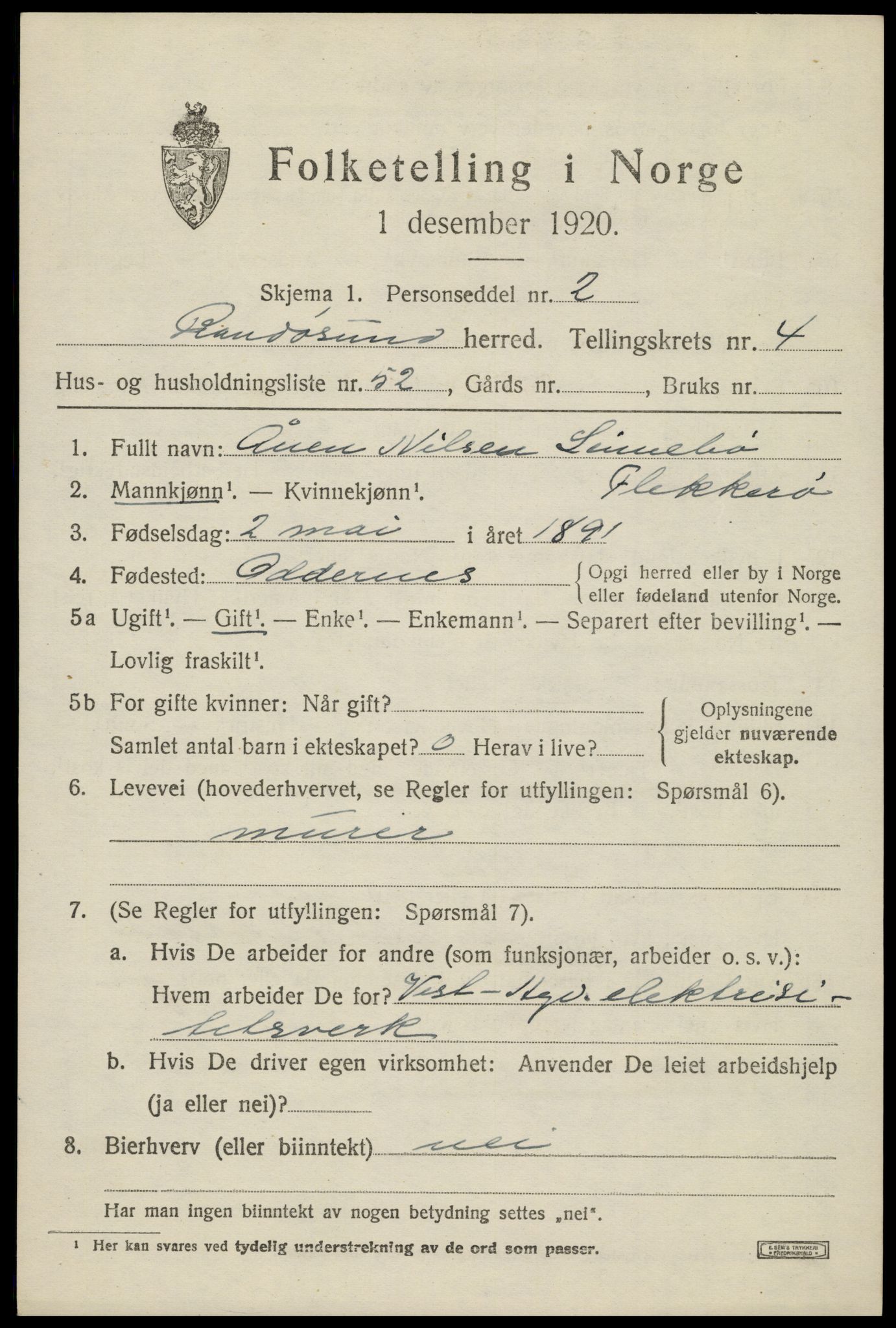 SAK, 1920 census for Randesund, 1920, p. 2302