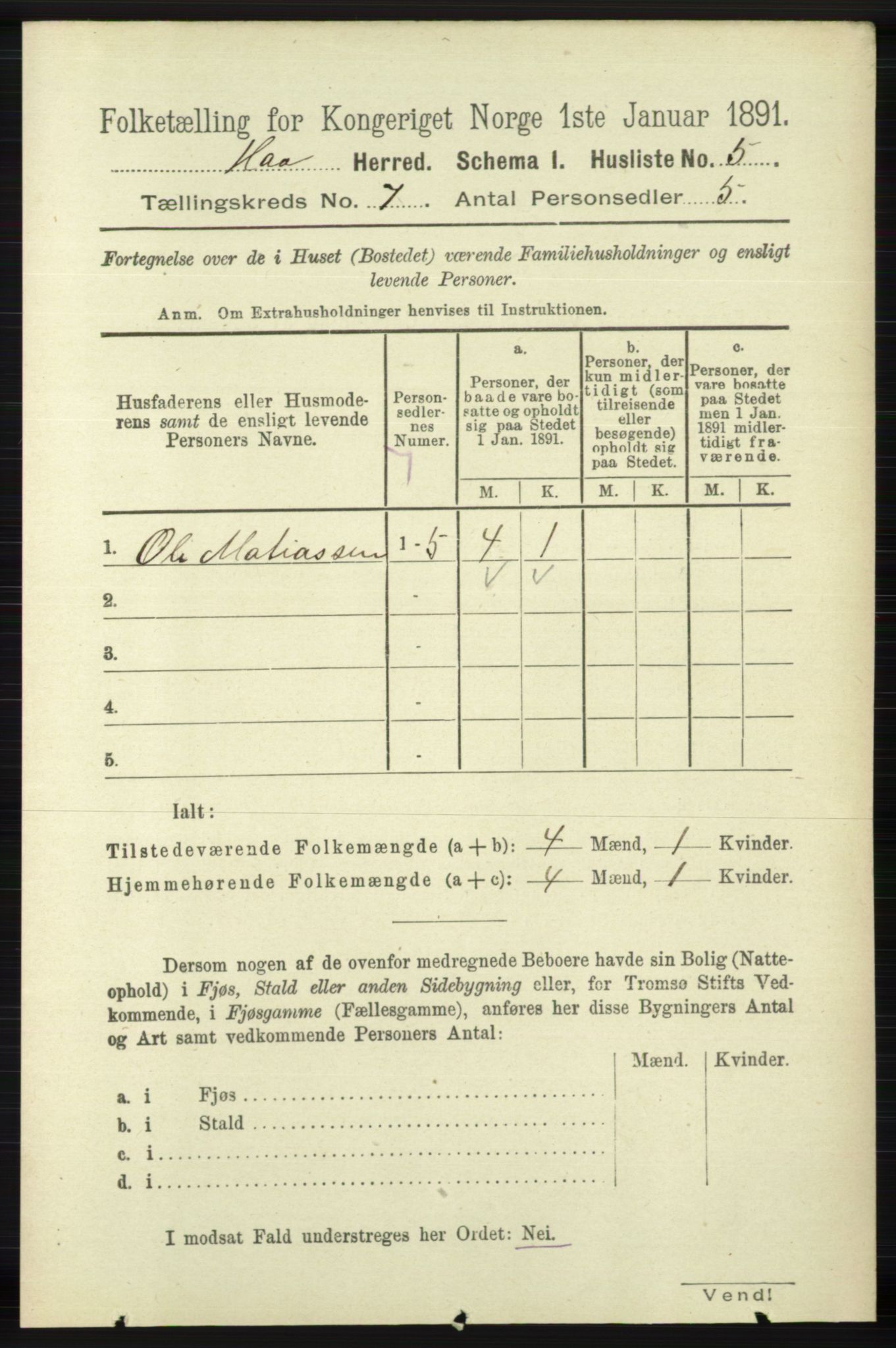 RA, 1891 census for 1119 Hå, 1891, p. 1896