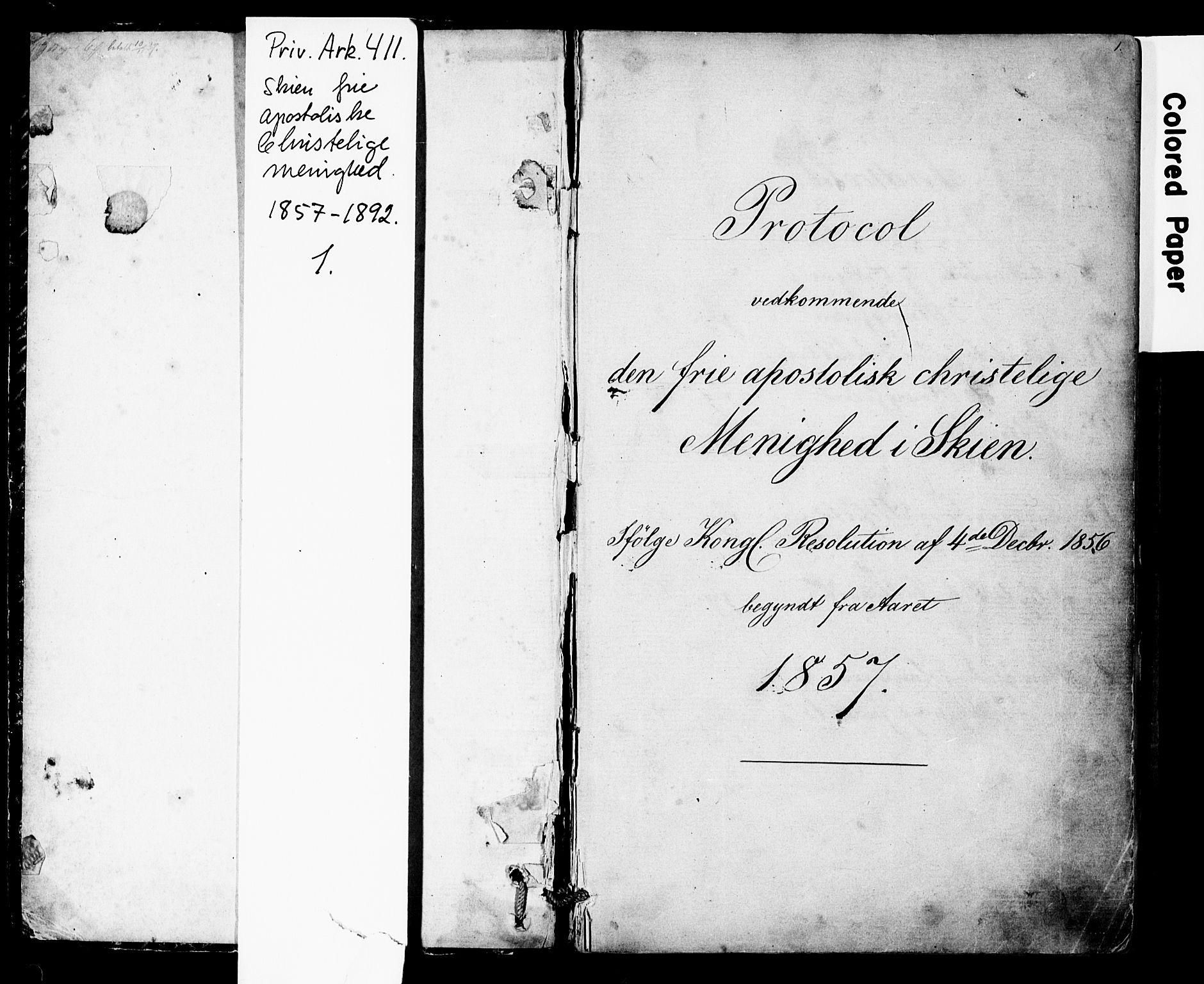 Den frie apostolisk-kristelige menighet i Skien, SAKO/P-1053/F/Fa/L0001: Dissenter register no. 1, 1856-1892, p. 1