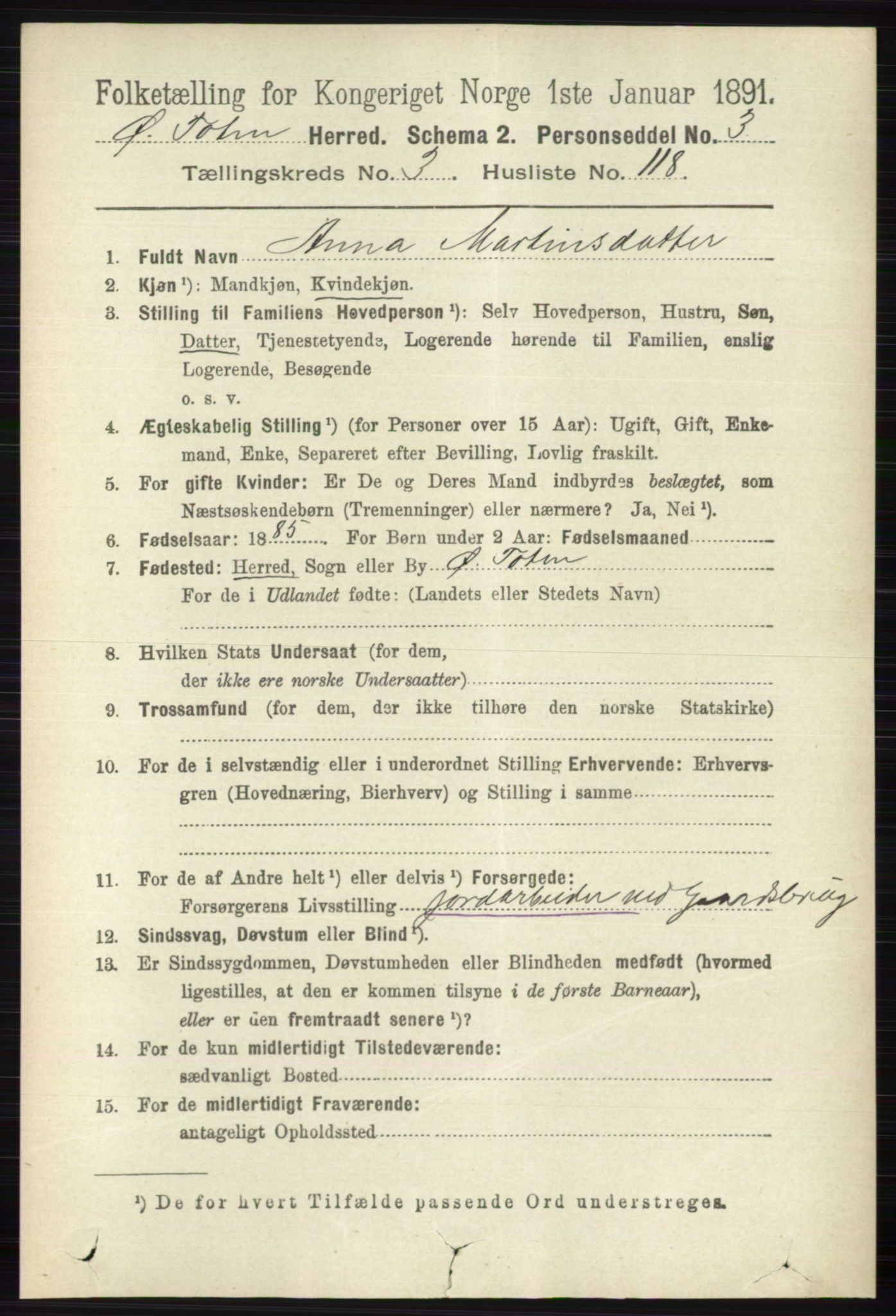 RA, 1891 census for 0528 Østre Toten, 1891, p. 2250