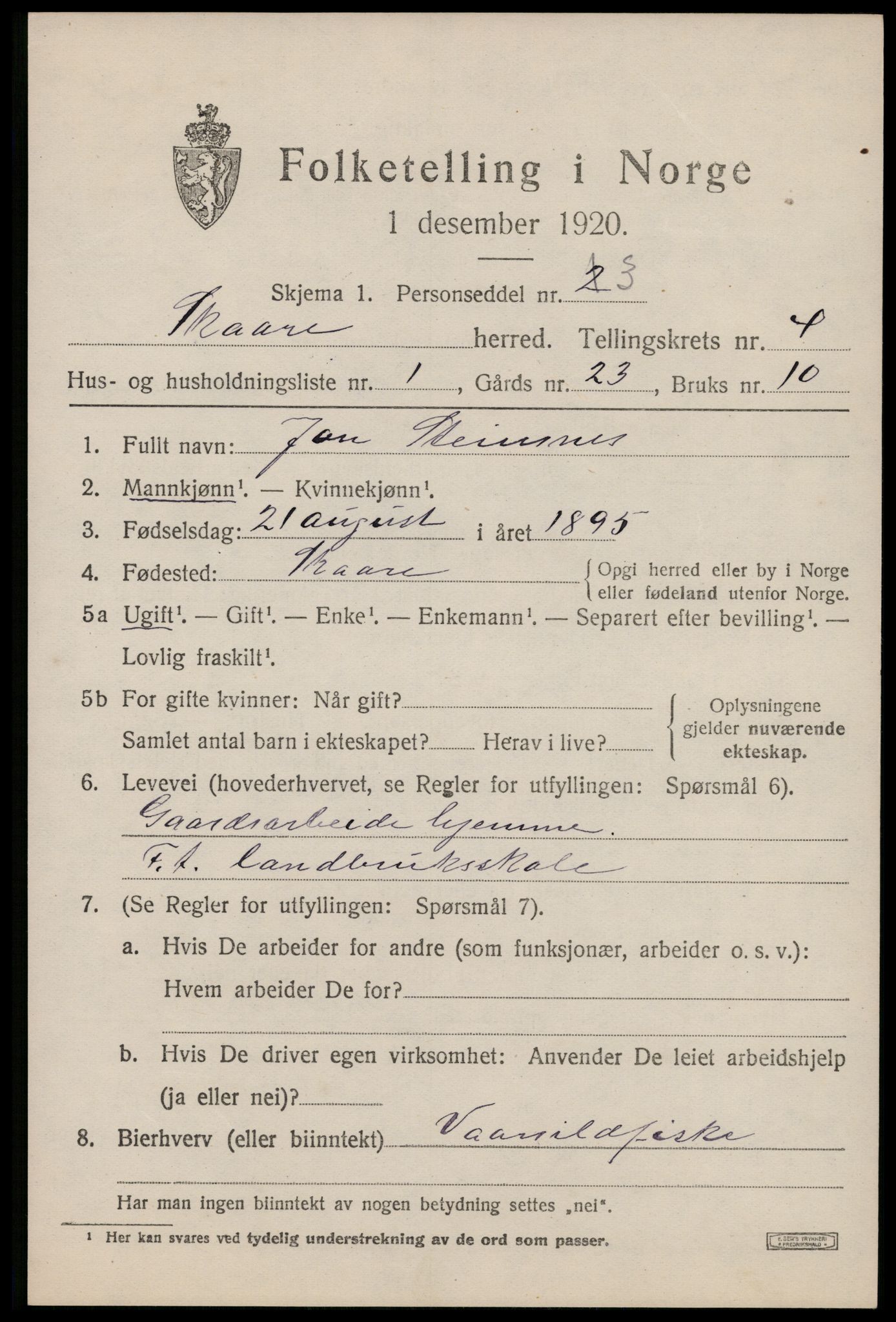 SAST, 1920 census for Skåre, 1920, p. 2086