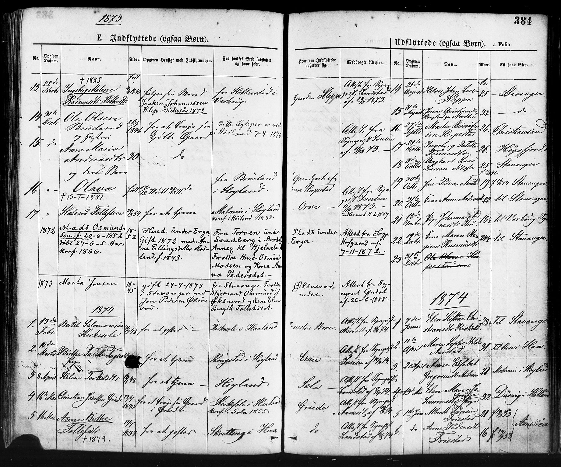 Klepp sokneprestkontor, AV/SAST-A-101803/001/3/30BA/L0006: Parish register (official) no. A 6, 1871-1885, p. 384