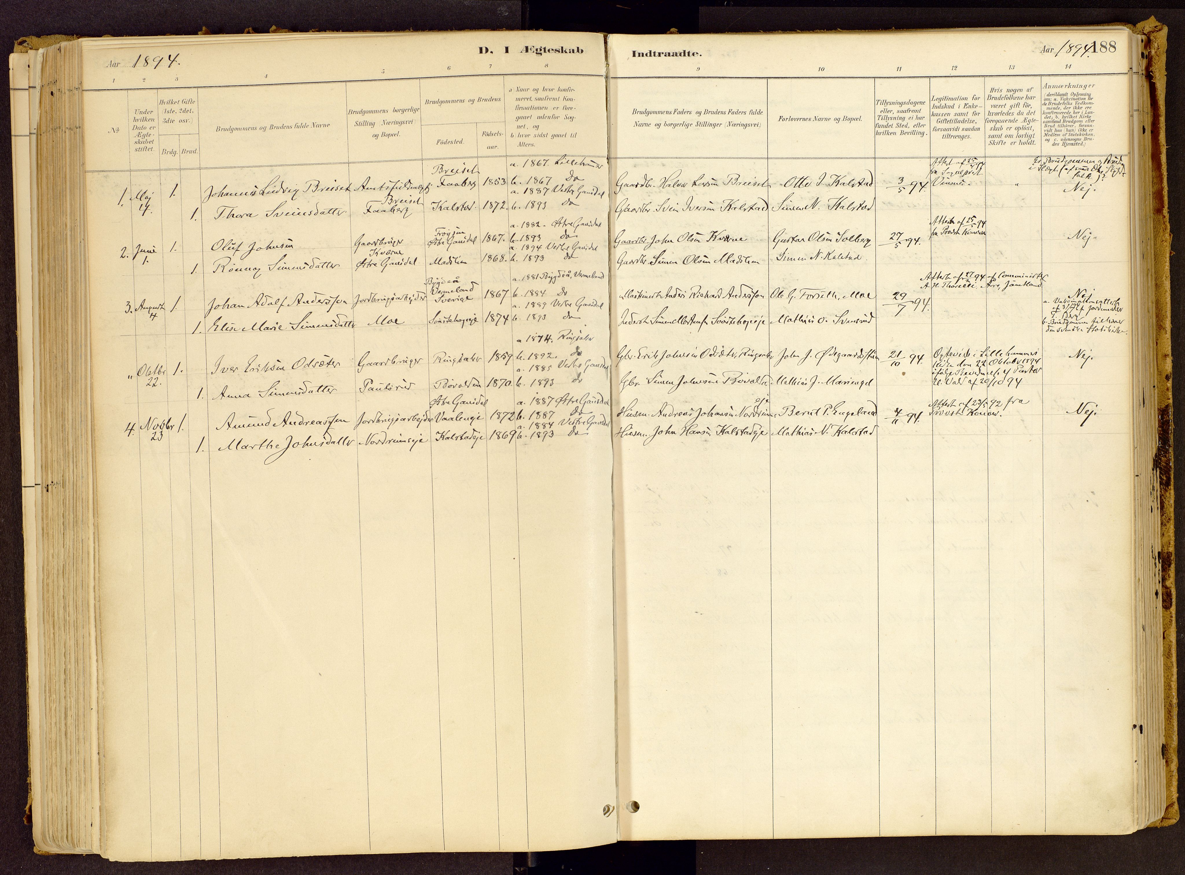 Vestre Gausdal prestekontor, SAH/PREST-094/H/Ha/Haa/L0001: Parish register (official) no. 1, 1887-1914, p. 188
