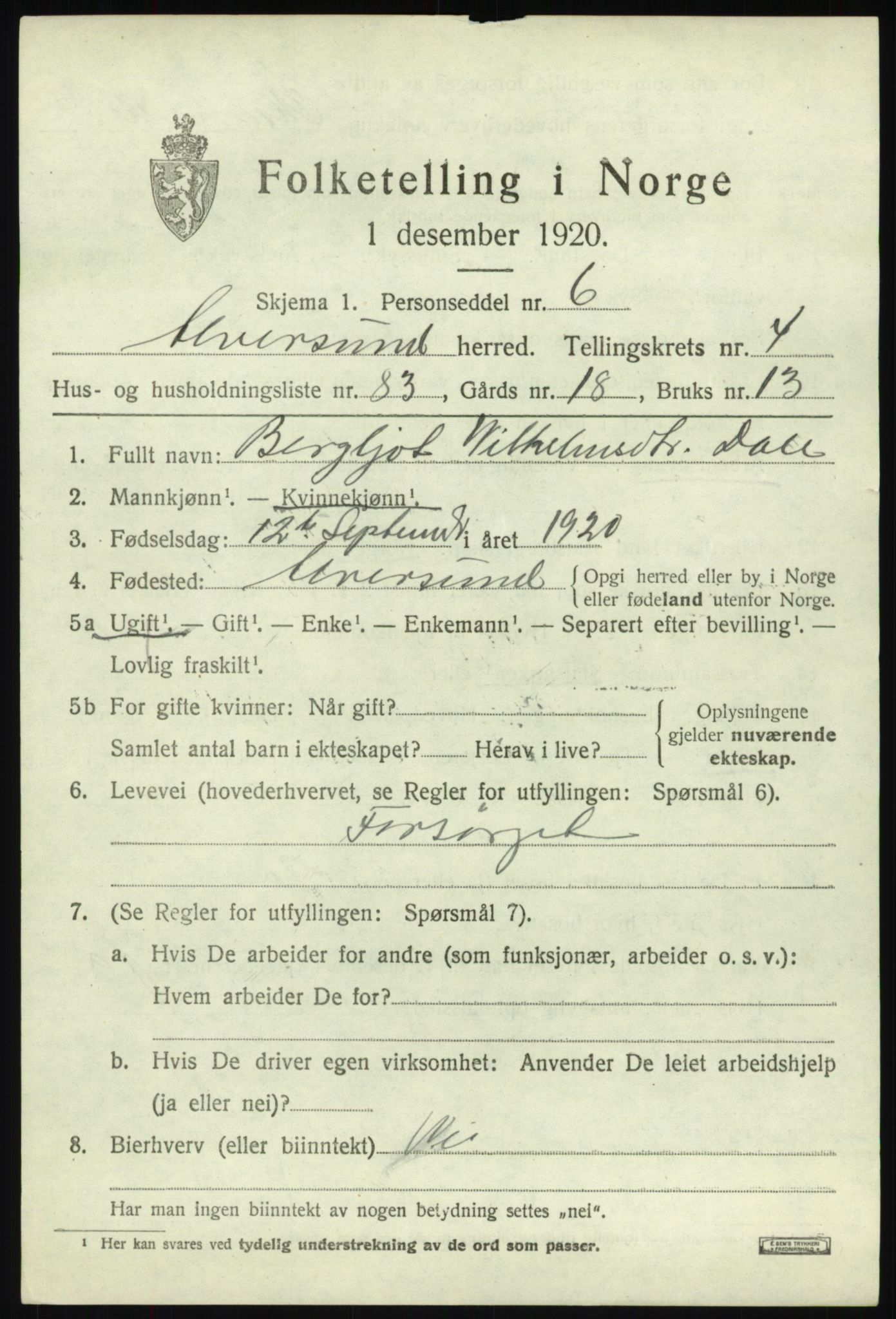 SAB, 1920 census for Alversund, 1920, p. 3848