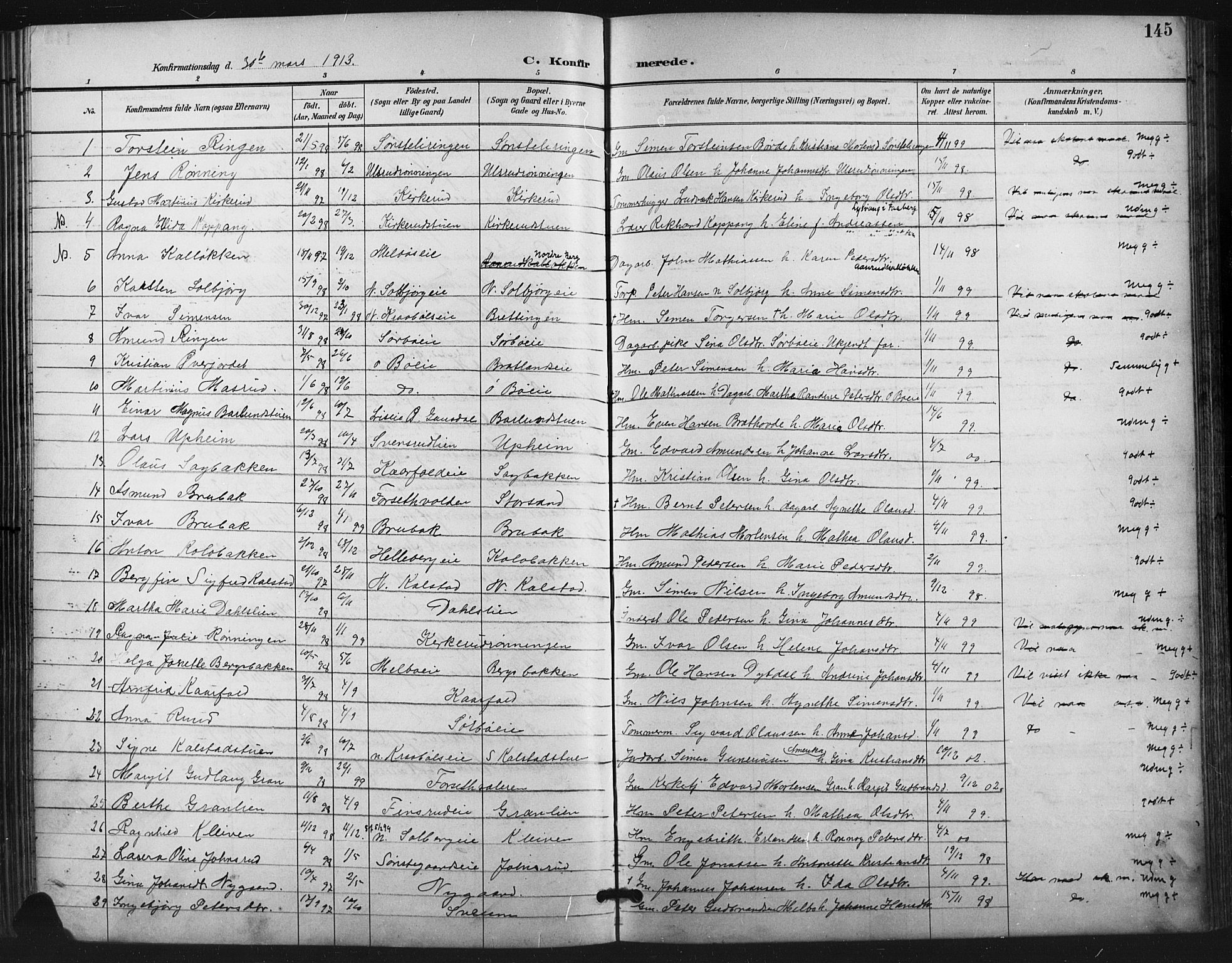 Vestre Gausdal prestekontor, SAH/PREST-094/H/Ha/Hab/L0003: Parish register (copy) no. 3, 1896-1925, p. 145