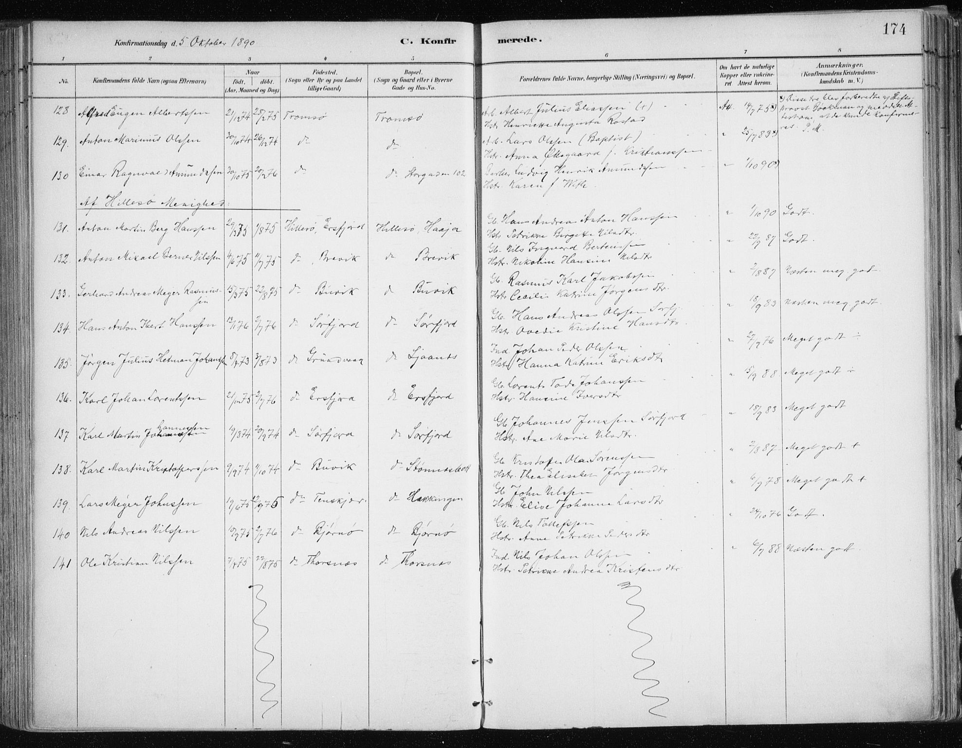 Tromsøysund sokneprestkontor, SATØ/S-1304/G/Ga/L0005kirke: Parish register (official) no. 5, 1888-1896, p. 174