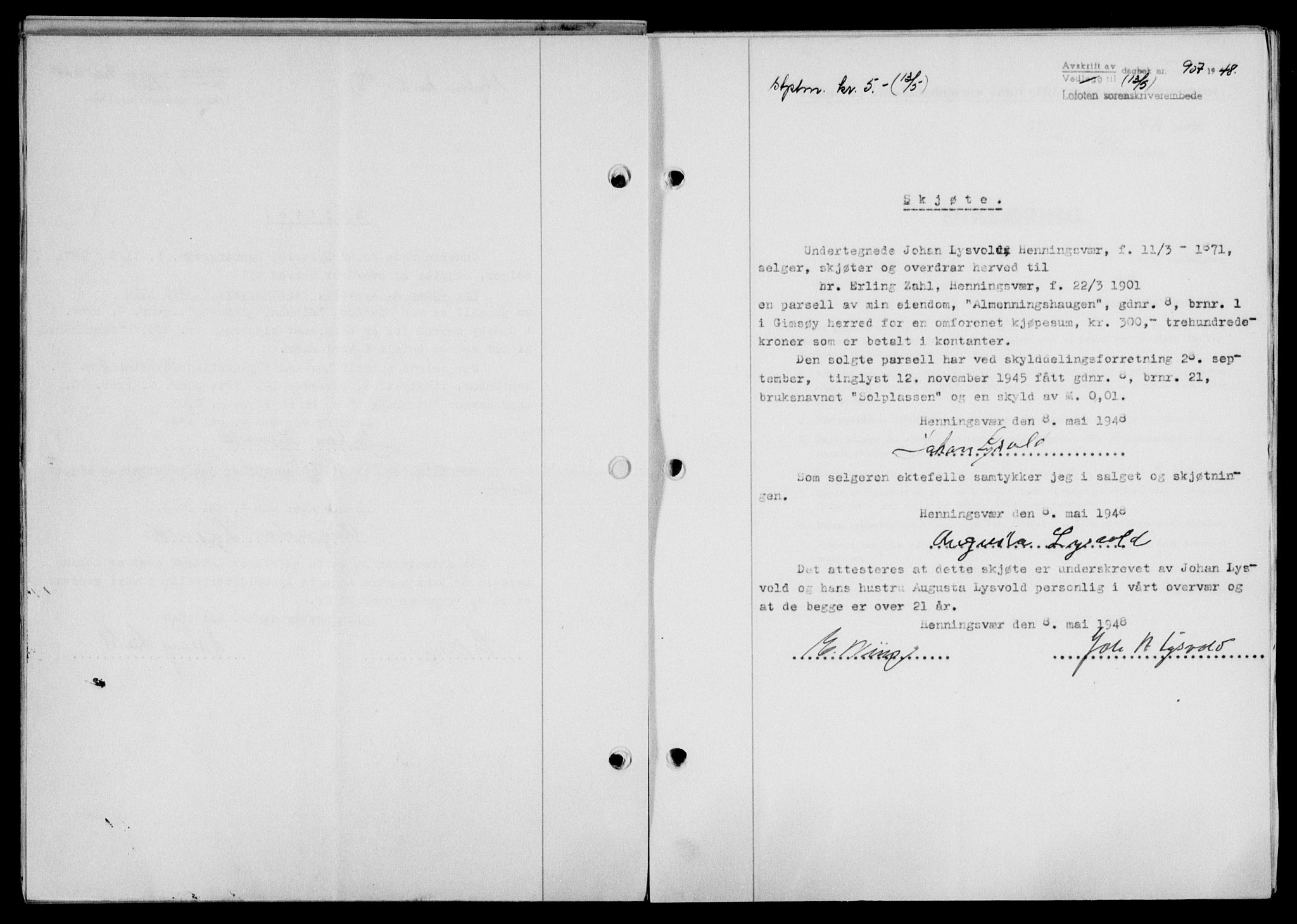 Lofoten sorenskriveri, SAT/A-0017/1/2/2C/L0018a: Mortgage book no. 18a, 1948-1948, Diary no: : 907/1948