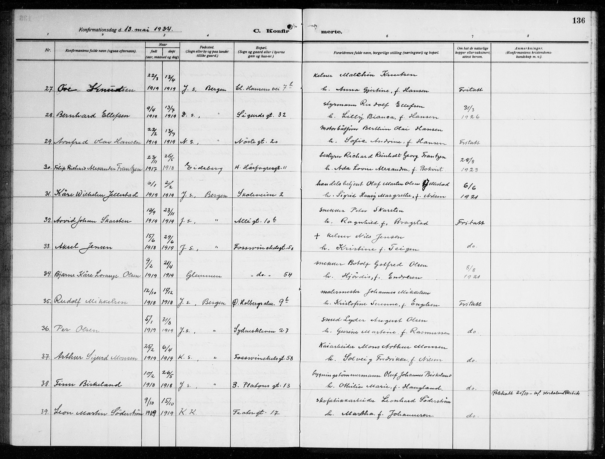 Johanneskirken sokneprestembete, AV/SAB-A-76001/H/Haa/L0010: Parish register (official) no. C 3, 1925-1935, p. 136