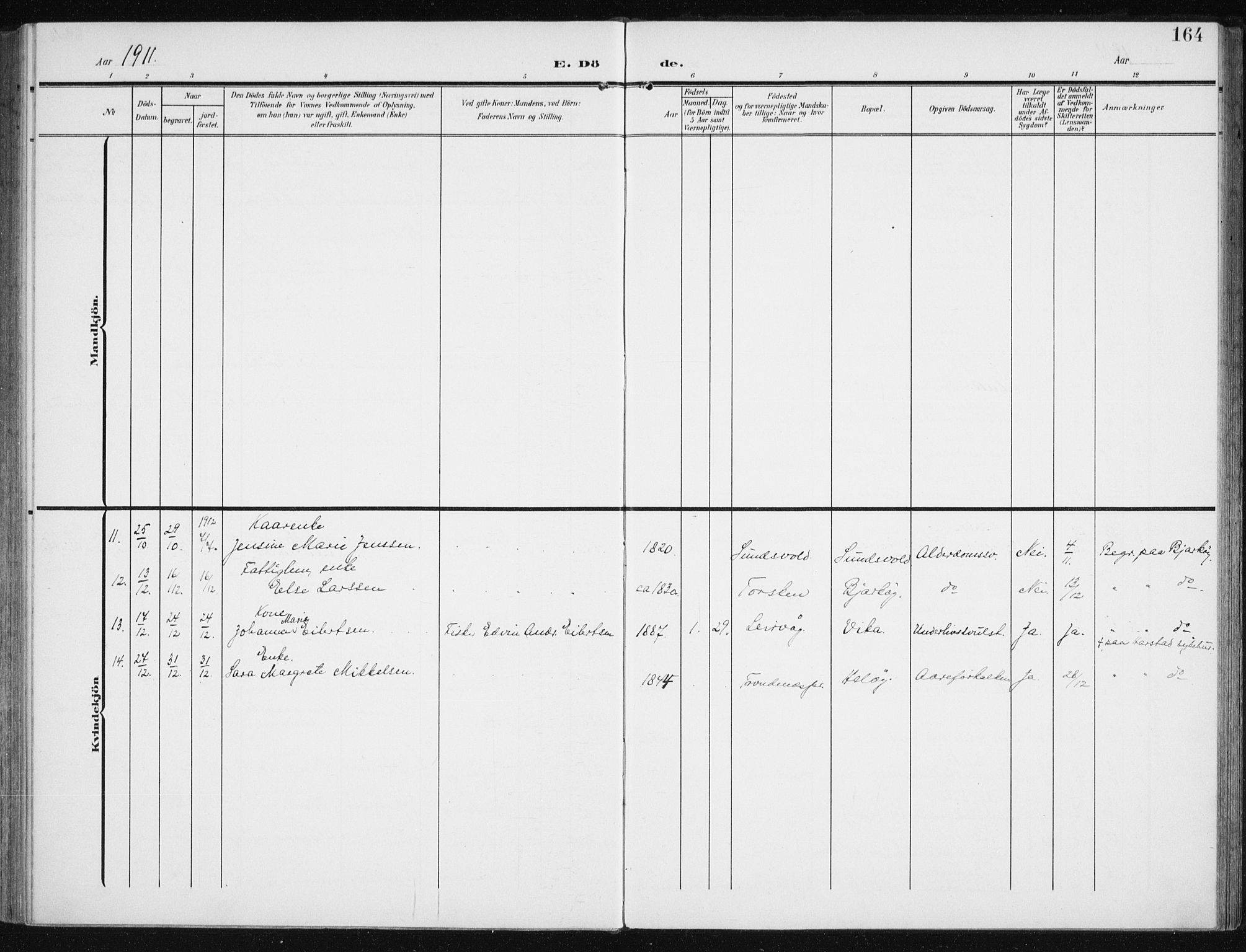 Sand/Bjarkøy sokneprestkontor, SATØ/S-0811/I/Ia/Iaa/L0005kirke: Parish register (official) no. 5, 1905-1914, p. 164