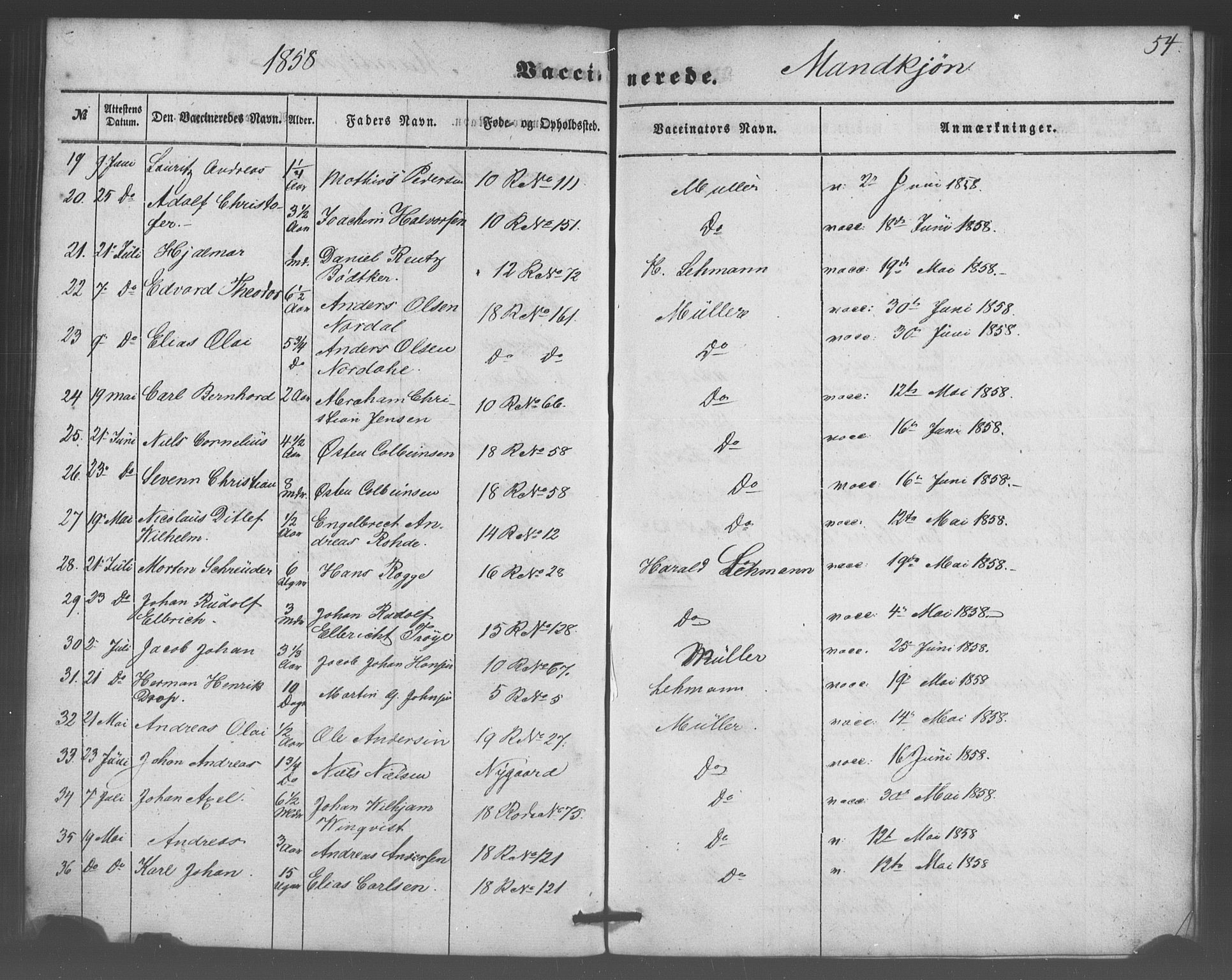 Domkirken sokneprestembete, AV/SAB-A-74801/H/Haa/L0047: Parish register (official) no. F 2, 1852-1868, p. 54