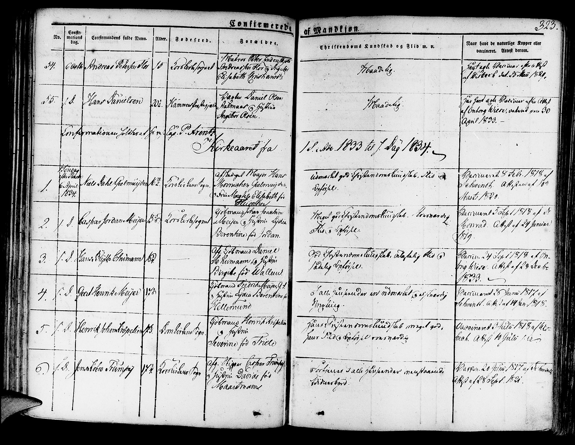 Korskirken sokneprestembete, SAB/A-76101/H/Haa/L0014: Parish register (official) no. A 14, 1823-1835, p. 323