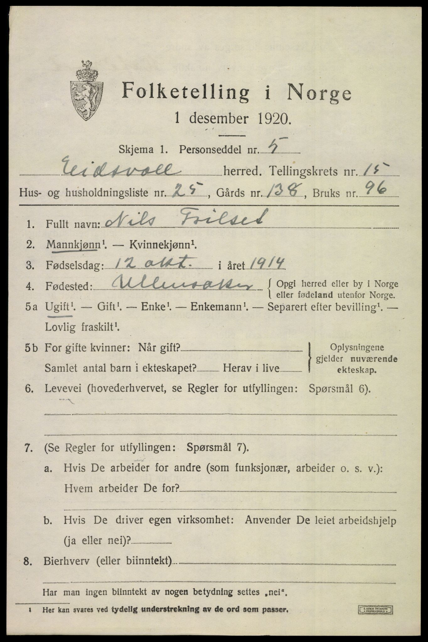 SAO, 1920 census for Eidsvoll, 1920, p. 22437