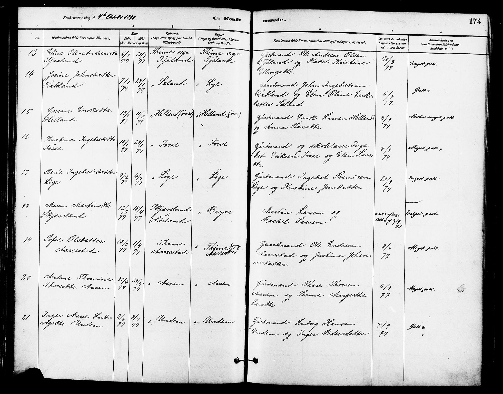 Lye sokneprestkontor, AV/SAST-A-101794/001/30BA/L0009: Parish register (official) no. A 8, 1881-1892, p. 174