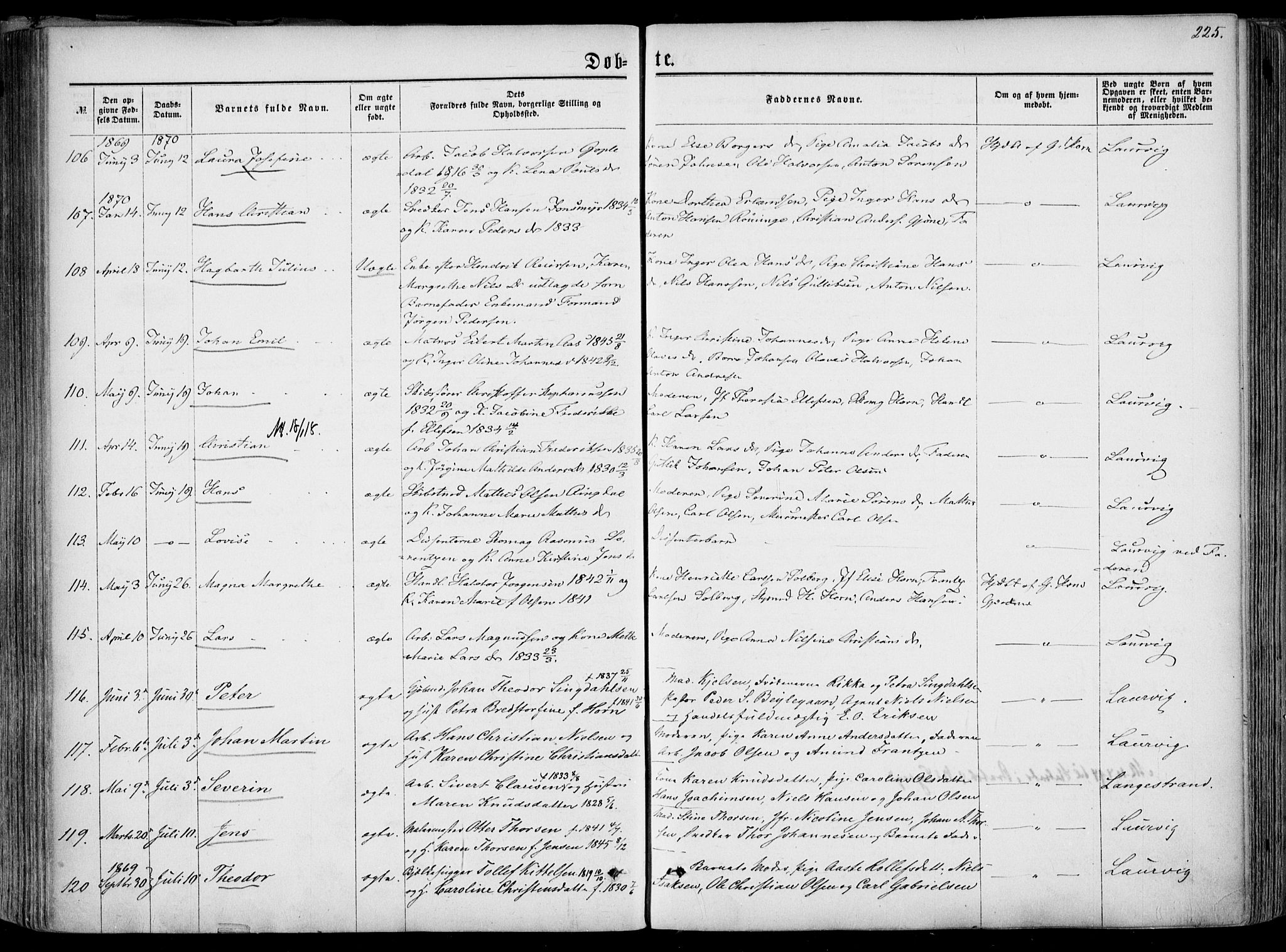 Larvik kirkebøker, SAKO/A-352/F/Fa/L0004: Parish register (official) no. I 4, 1856-1870, p. 225