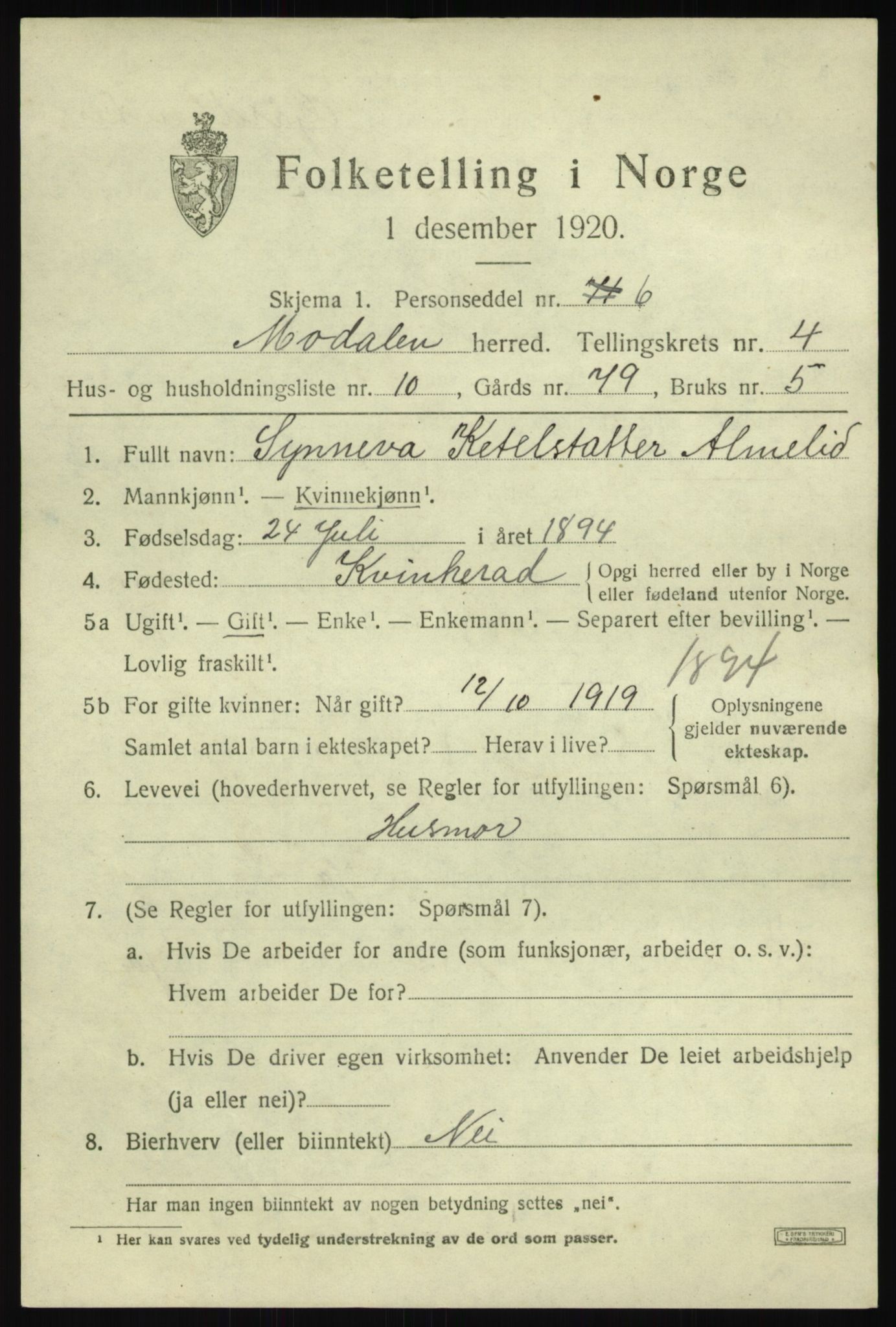 SAB, 1920 census for Modalen, 1920, p. 950