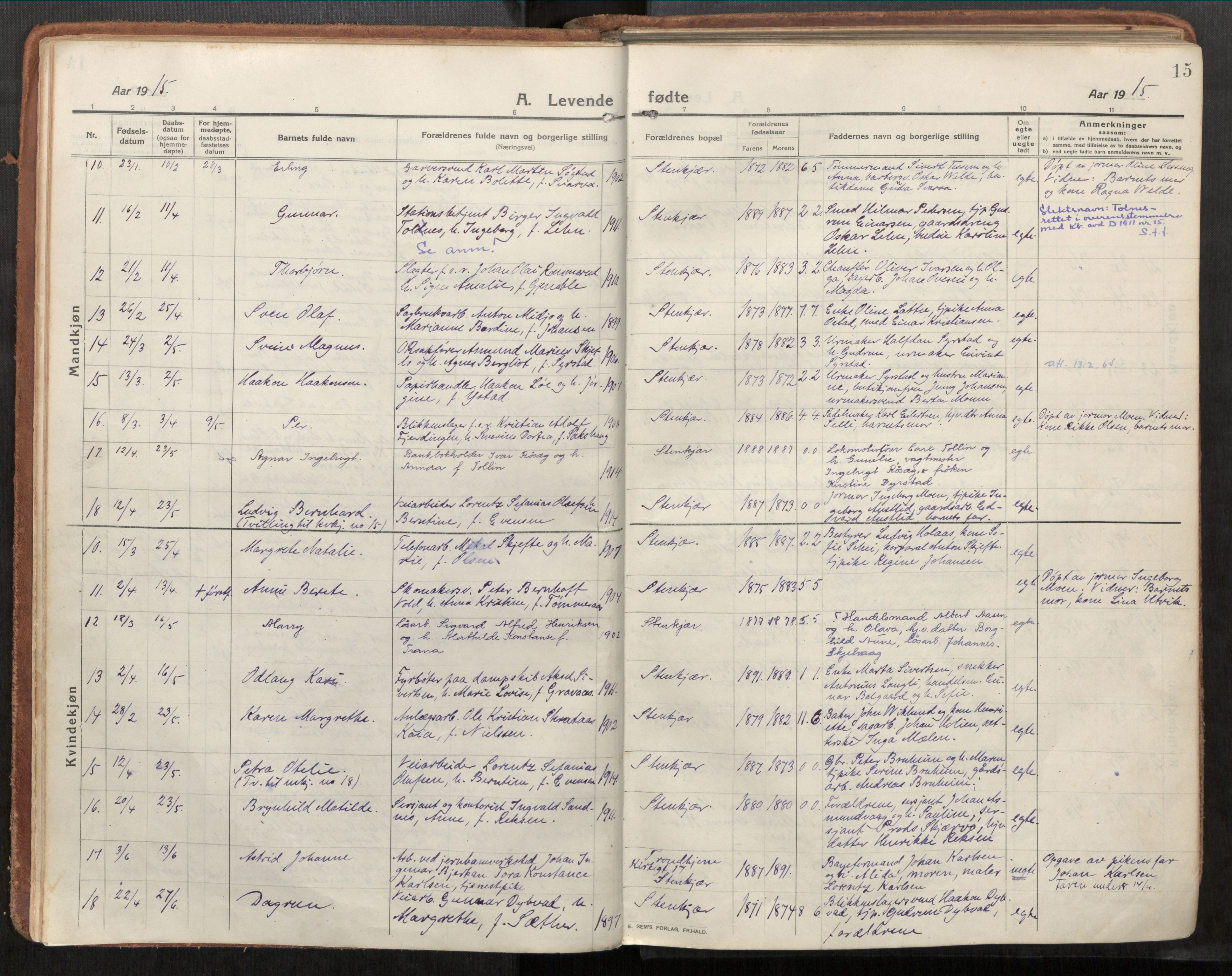 Steinkjer sokneprestkontor, SAT/A-1541/01/H/Ha/Haa/L0003: Parish register (official) no. 3, 1913-1922, p. 15