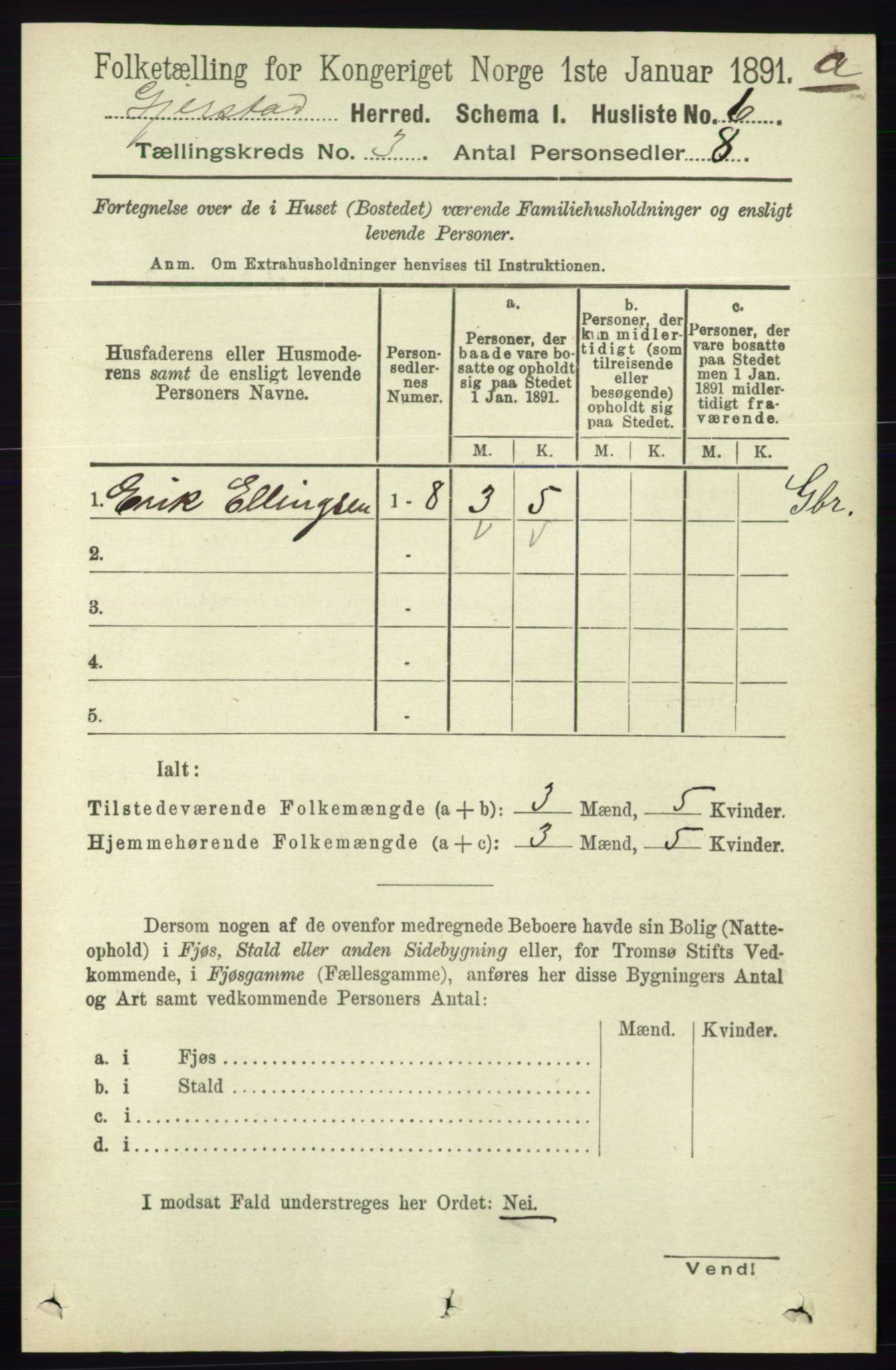 RA, 1891 census for 0911 Gjerstad, 1891, p. 1003