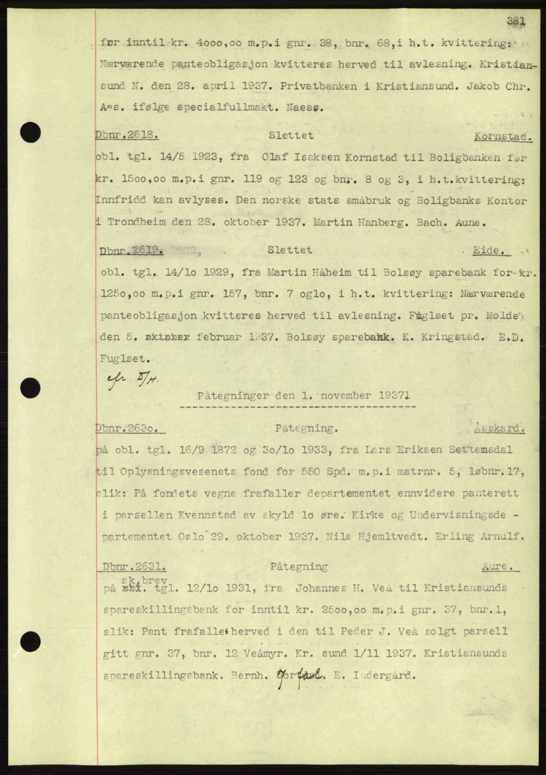 Nordmøre sorenskriveri, AV/SAT-A-4132/1/2/2Ca: Mortgage book no. C80, 1936-1939, Diary no: : 2618/1937