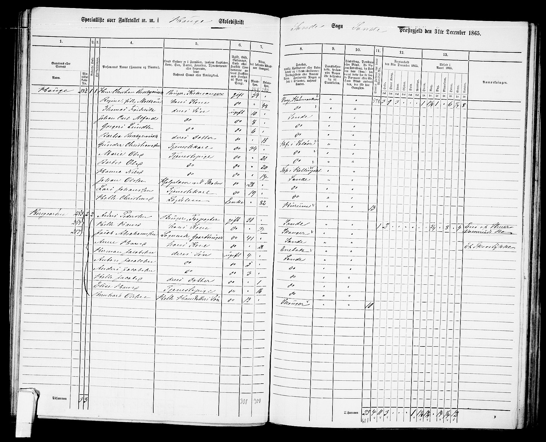 RA, 1865 census for Sande, 1865, p. 54