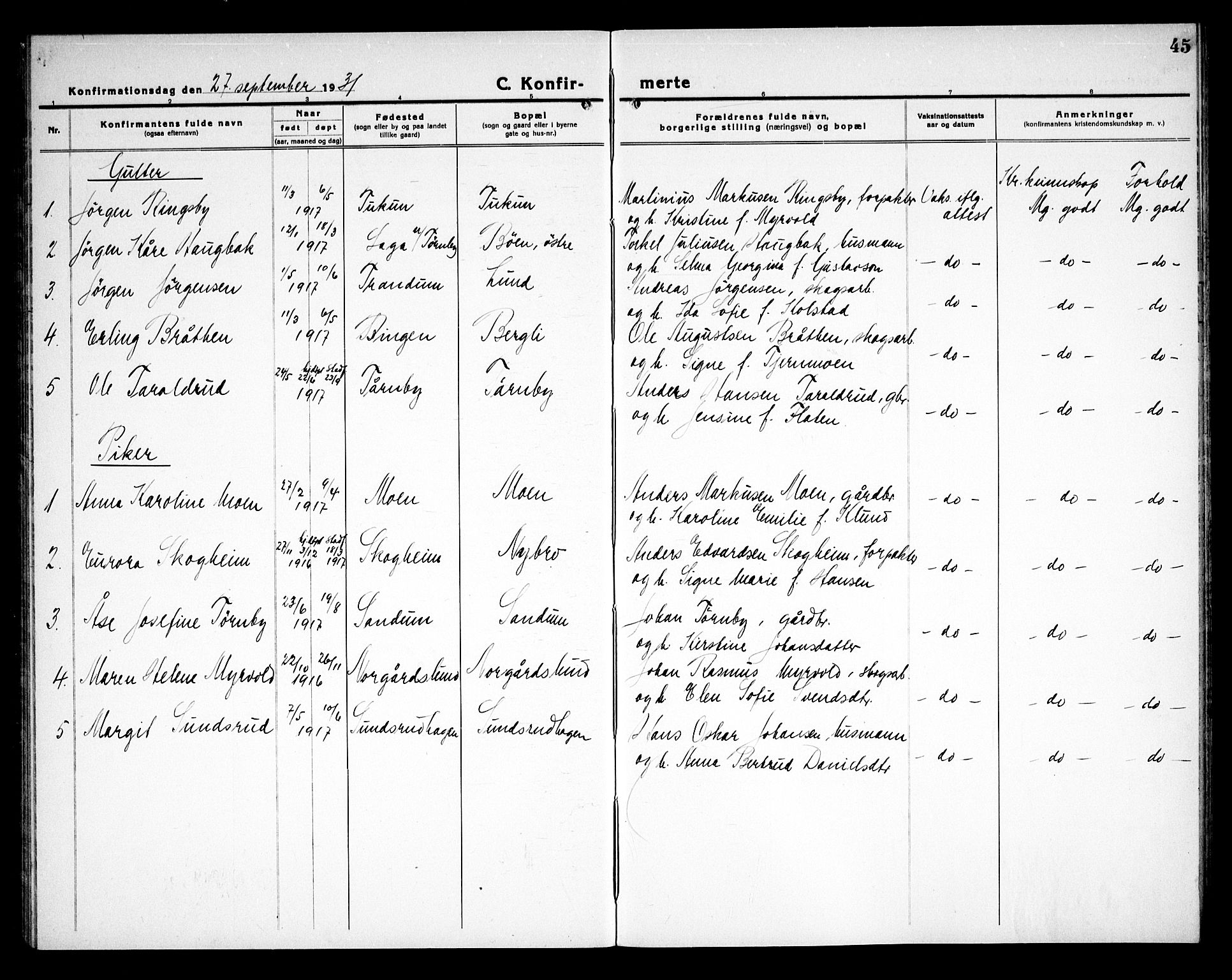 Rødenes prestekontor Kirkebøker, AV/SAO-A-2005/G/Gb/L0003: Parish register (copy) no. II 3, 1922-1936, p. 45