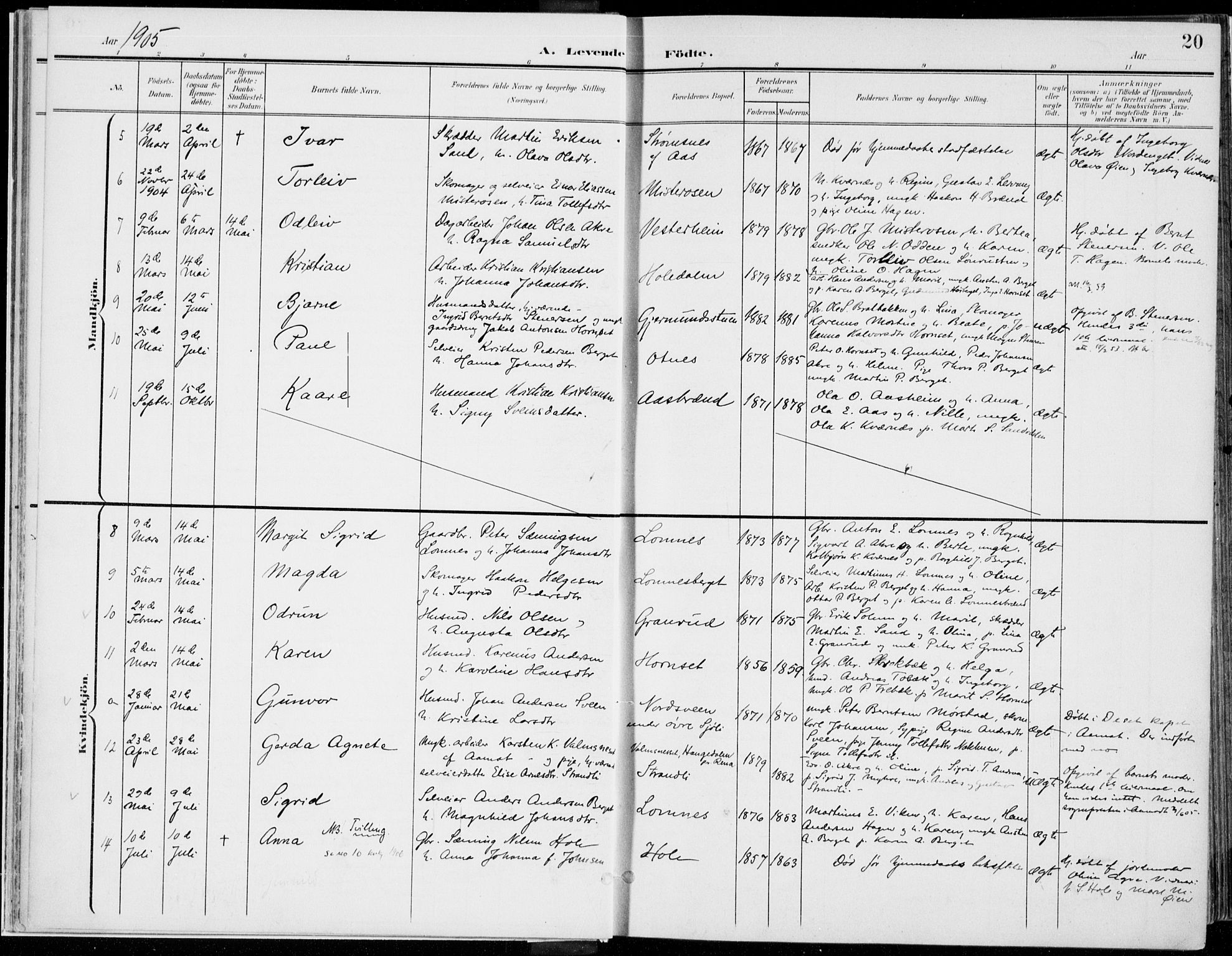 Rendalen prestekontor, SAH/PREST-054/H/Ha/Haa/L0011: Parish register (official) no. 11, 1901-1925, p. 20
