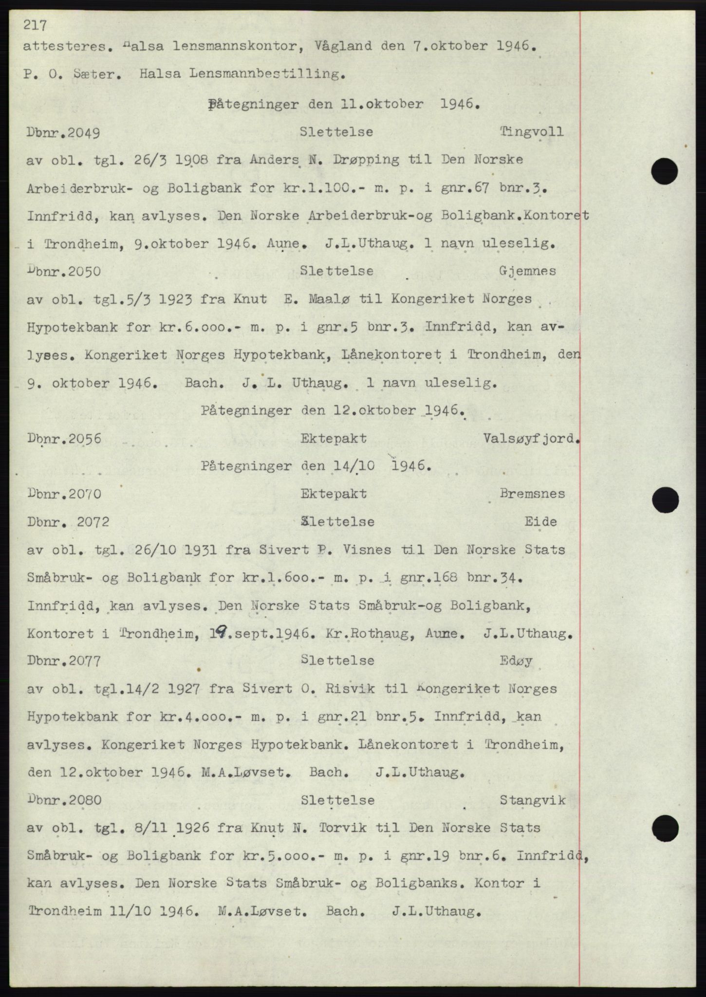 Nordmøre sorenskriveri, AV/SAT-A-4132/1/2/2Ca: Mortgage book no. C82b, 1946-1951, Diary no: : 2049/1946