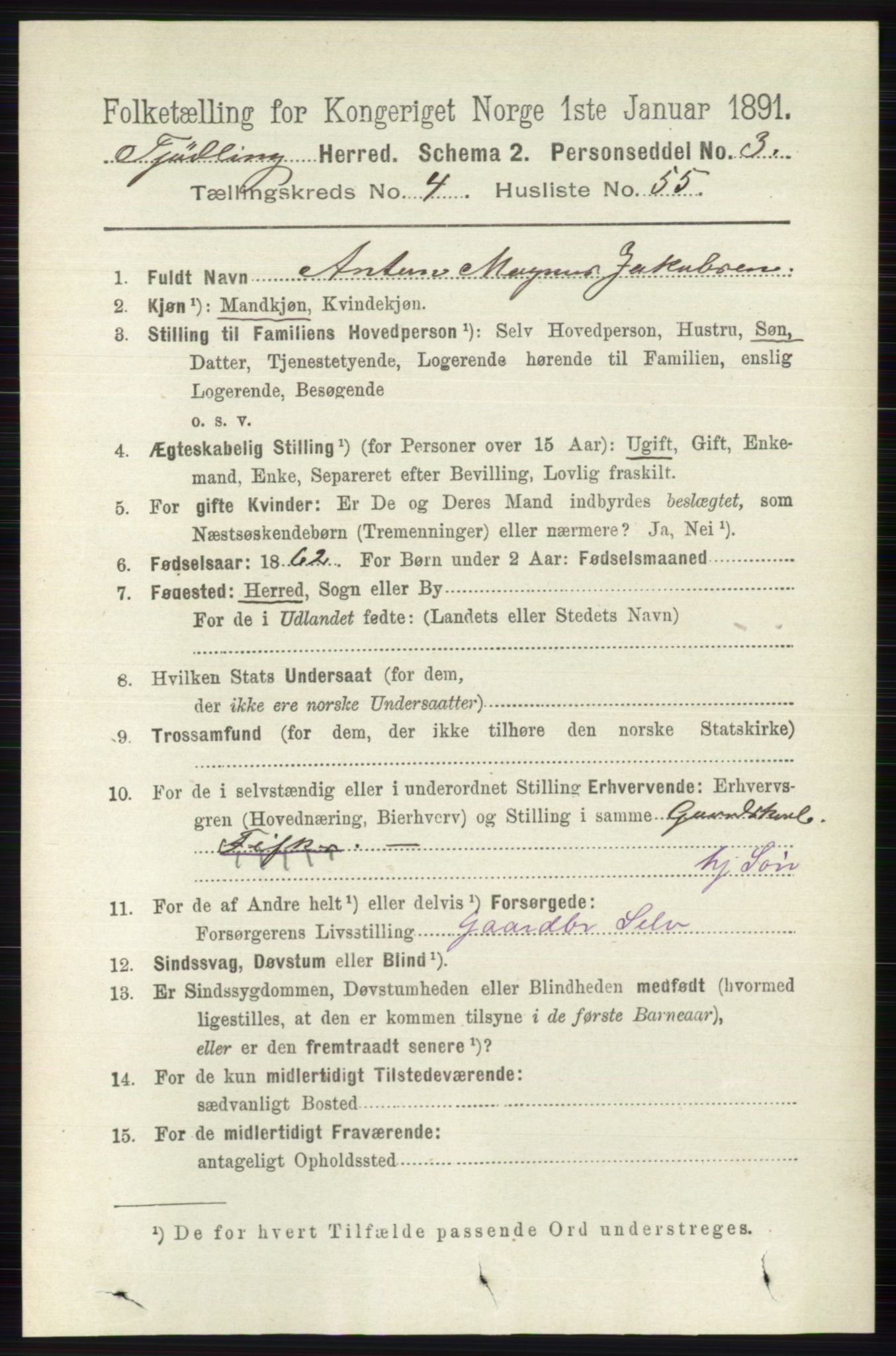 RA, 1891 census for 0725 Tjølling, 1891, p. 1766