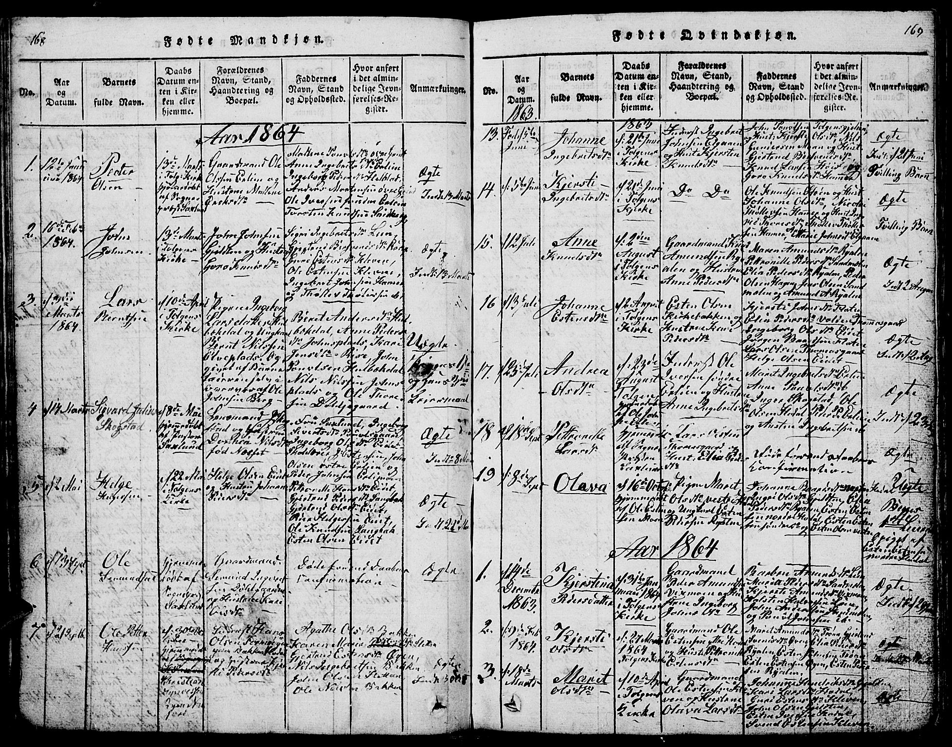 Tolga prestekontor, AV/SAH-PREST-062/L/L0001: Parish register (copy) no. 1, 1814-1877, p. 168-169