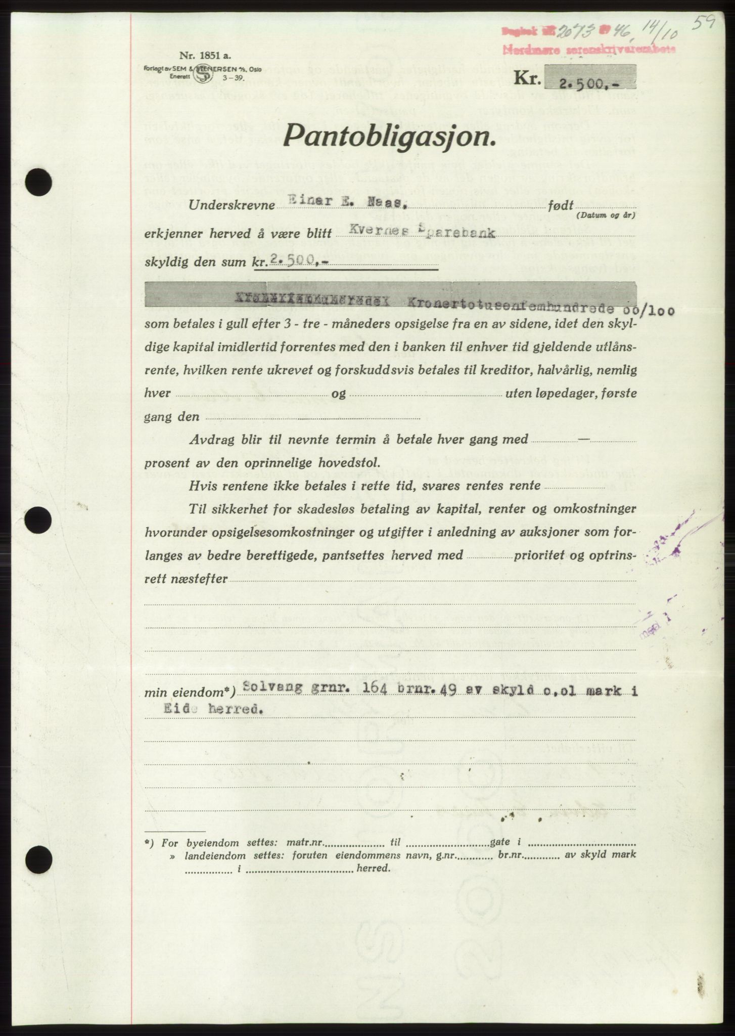 Nordmøre sorenskriveri, AV/SAT-A-4132/1/2/2Ca: Mortgage book no. B95, 1946-1947, Diary no: : 2073/1946