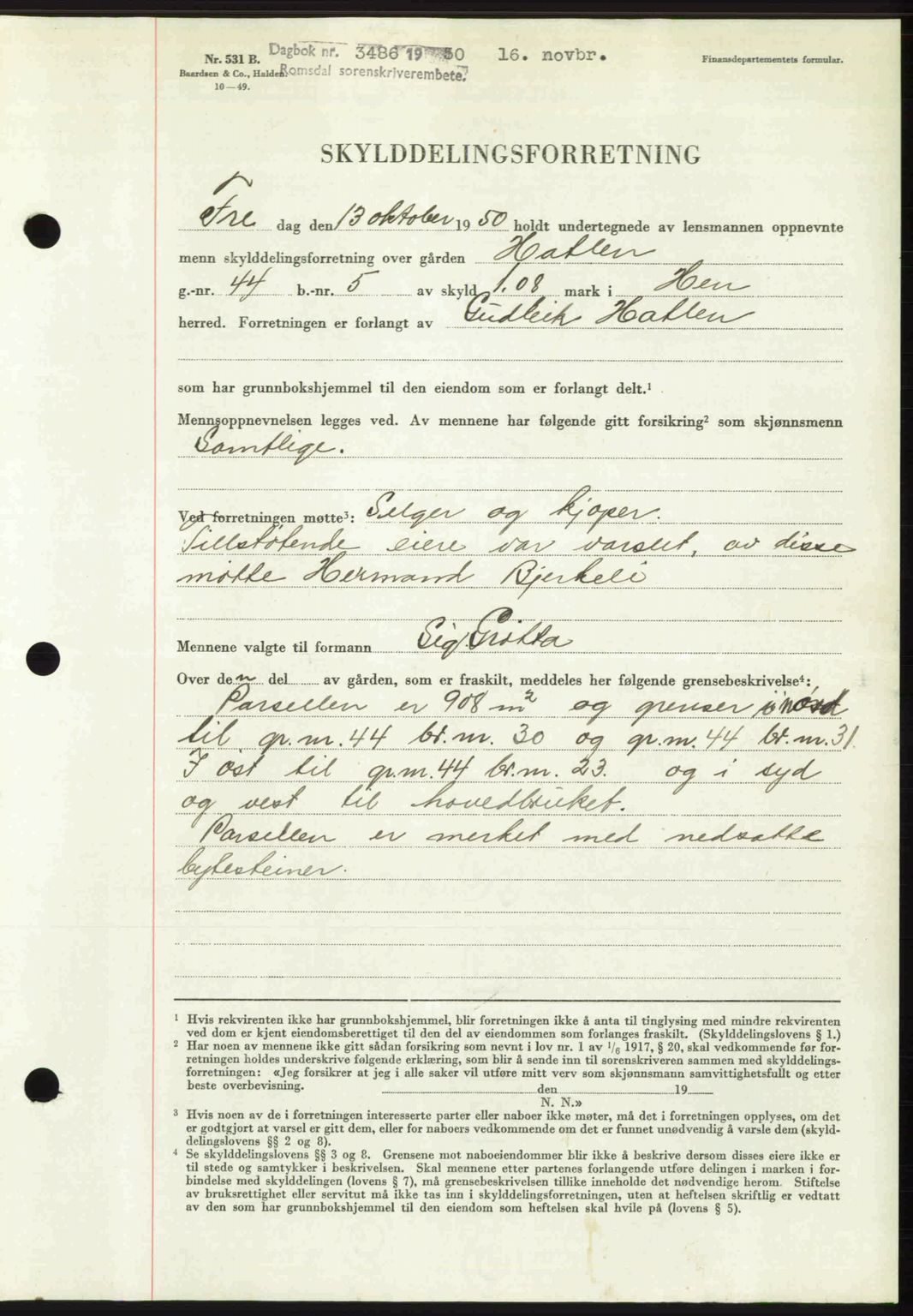 Romsdal sorenskriveri, AV/SAT-A-4149/1/2/2C: Mortgage book no. A34, 1950-1950, Diary no: : 3486/1950