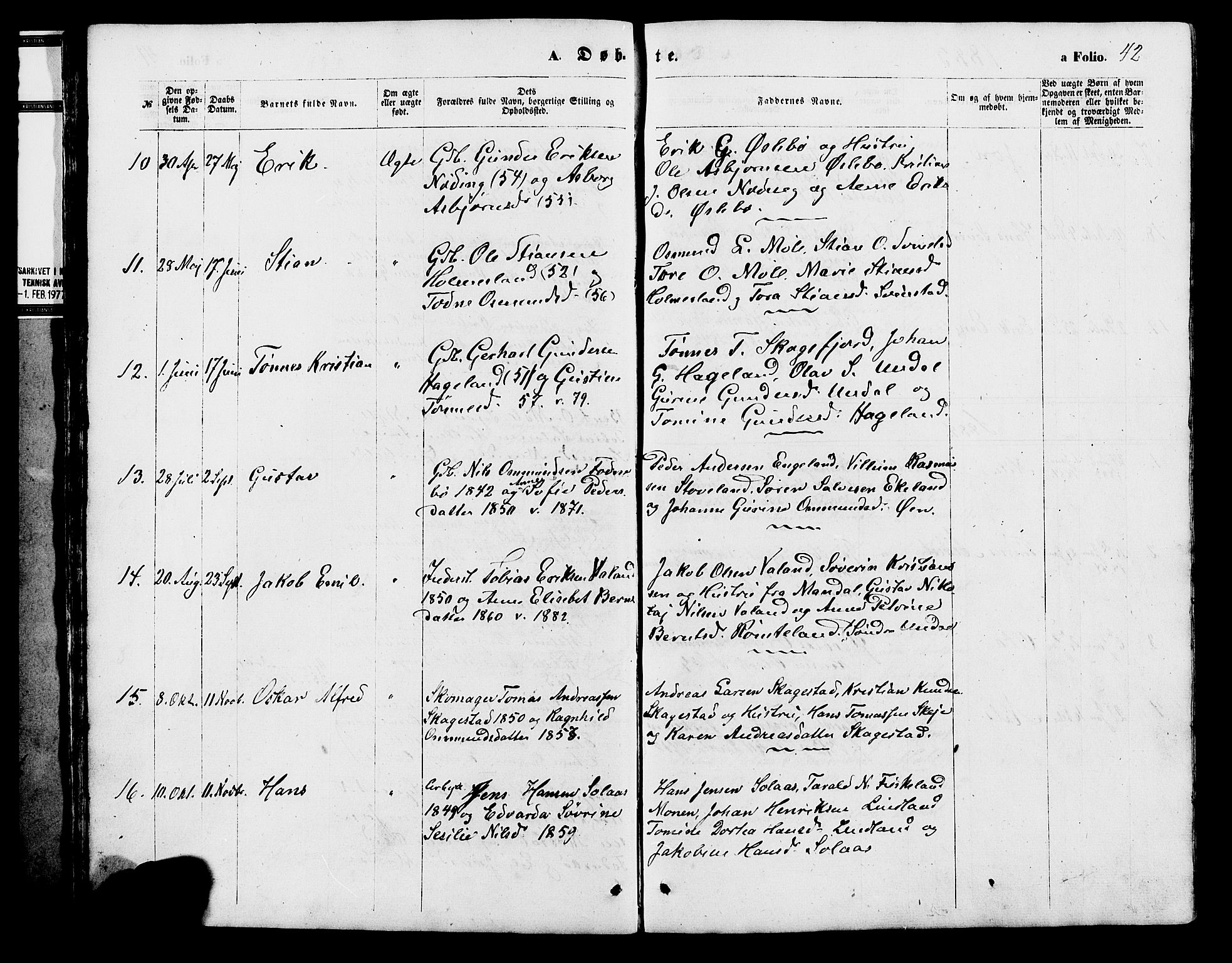 Holum sokneprestkontor, SAK/1111-0022/F/Fb/Fba/L0004: Parish register (copy) no. B 4, 1867-1890, p. 42