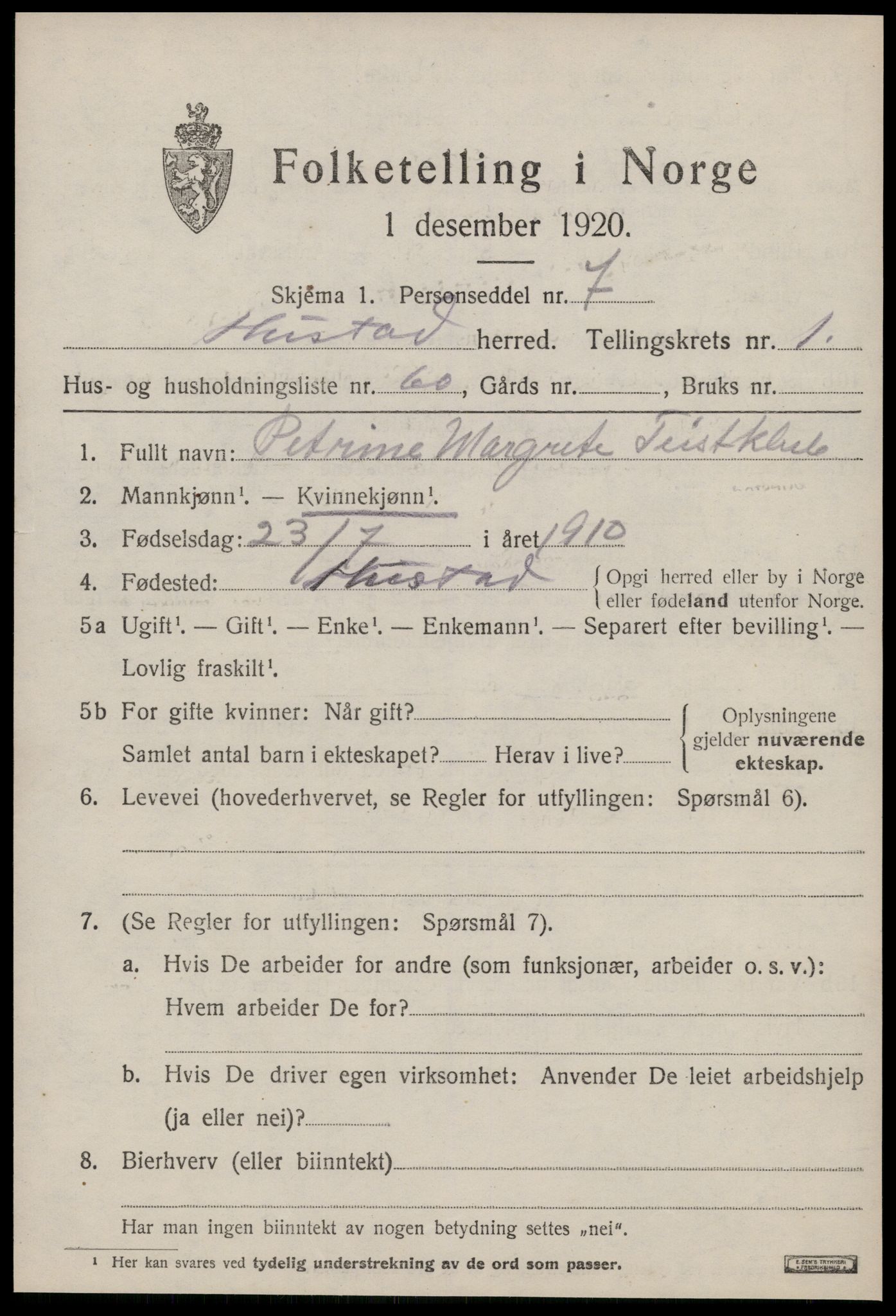 SAT, 1920 census for Hustad, 1920, p. 1489