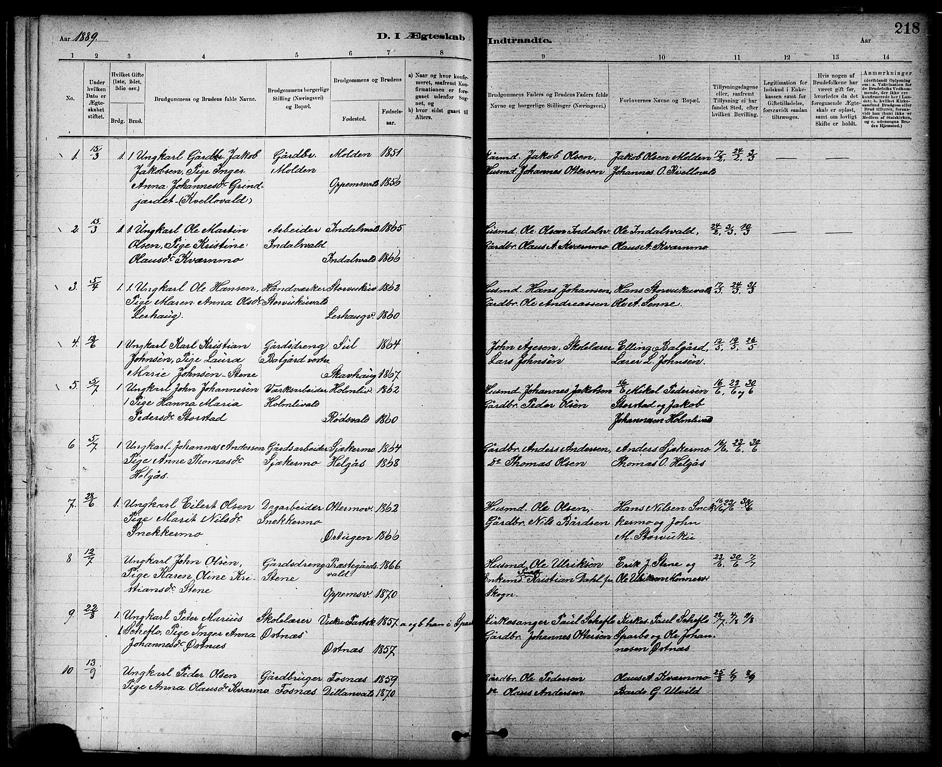 Ministerialprotokoller, klokkerbøker og fødselsregistre - Nord-Trøndelag, AV/SAT-A-1458/724/L0267: Parish register (copy) no. 724C03, 1879-1898, p. 218