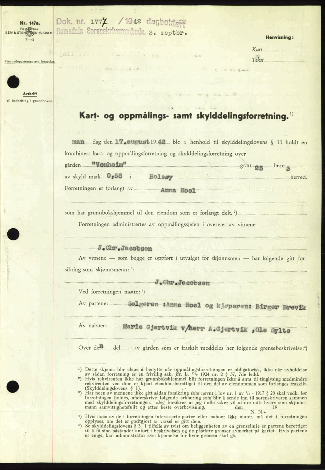 Romsdal sorenskriveri, AV/SAT-A-4149/1/2/2C: Mortgage book no. A12, 1942-1942, Diary no: : 1777/1942