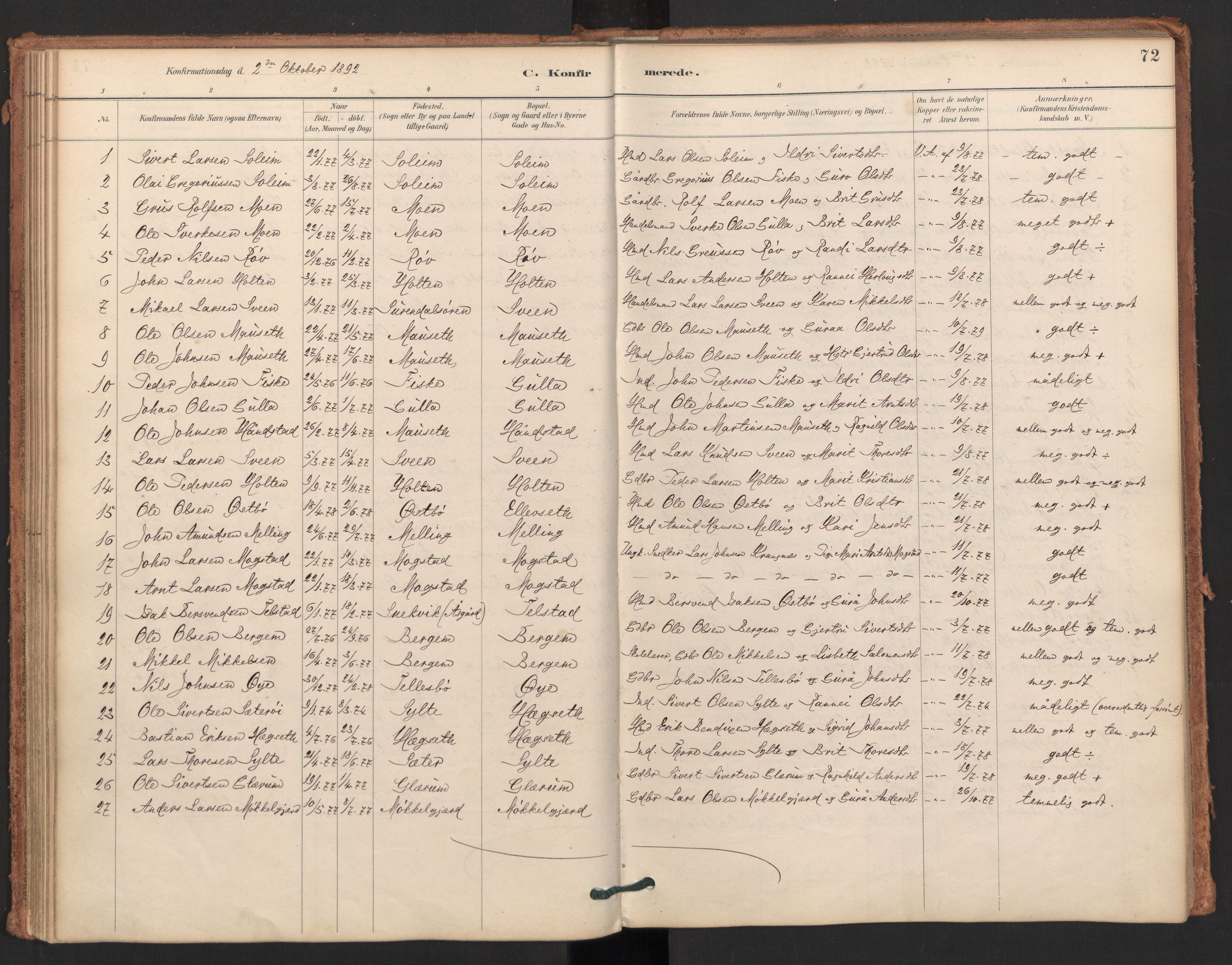 Ministerialprotokoller, klokkerbøker og fødselsregistre - Møre og Romsdal, AV/SAT-A-1454/596/L1056: Parish register (official) no. 596A01, 1885-1900, p. 72