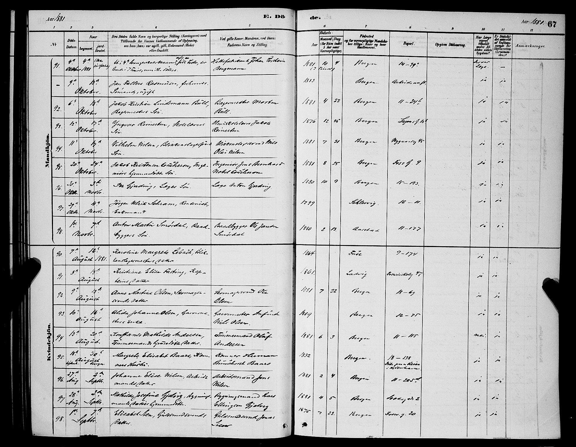 Domkirken sokneprestembete, AV/SAB-A-74801/H/Hab/L0041: Parish register (copy) no. E 5, 1878-1900, p. 67