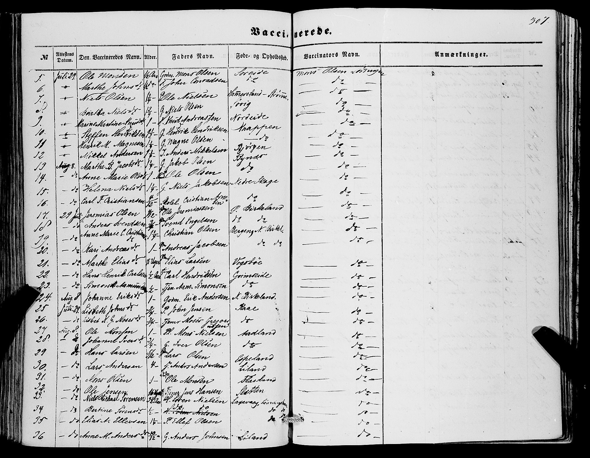 Fana Sokneprestembete, SAB/A-75101/H/Haa/Haaa/L0011: Parish register (official) no. A 11, 1851-1862, p. 307