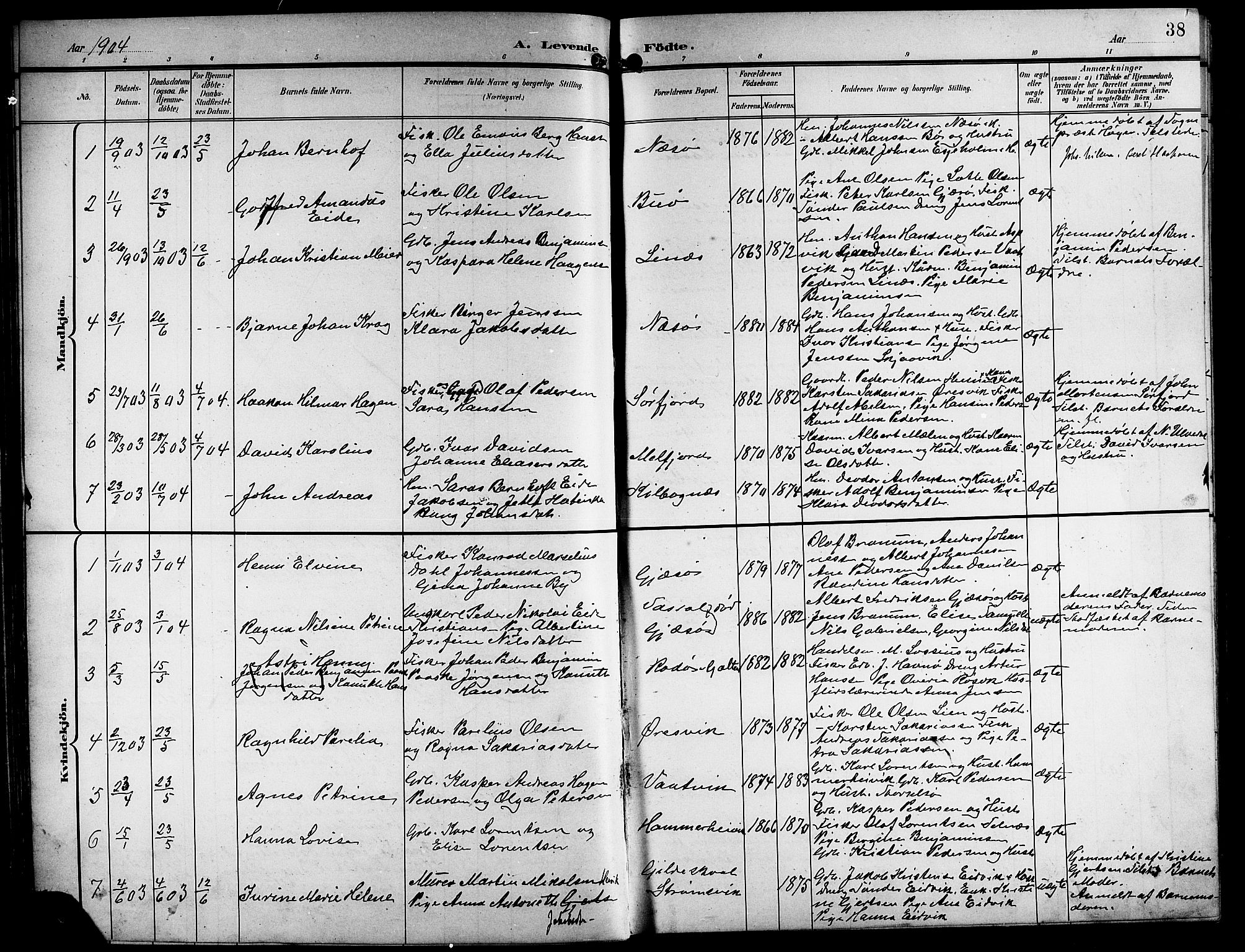 Ministerialprotokoller, klokkerbøker og fødselsregistre - Nordland, AV/SAT-A-1459/841/L0621: Parish register (copy) no. 841C05, 1897-1923, p. 38