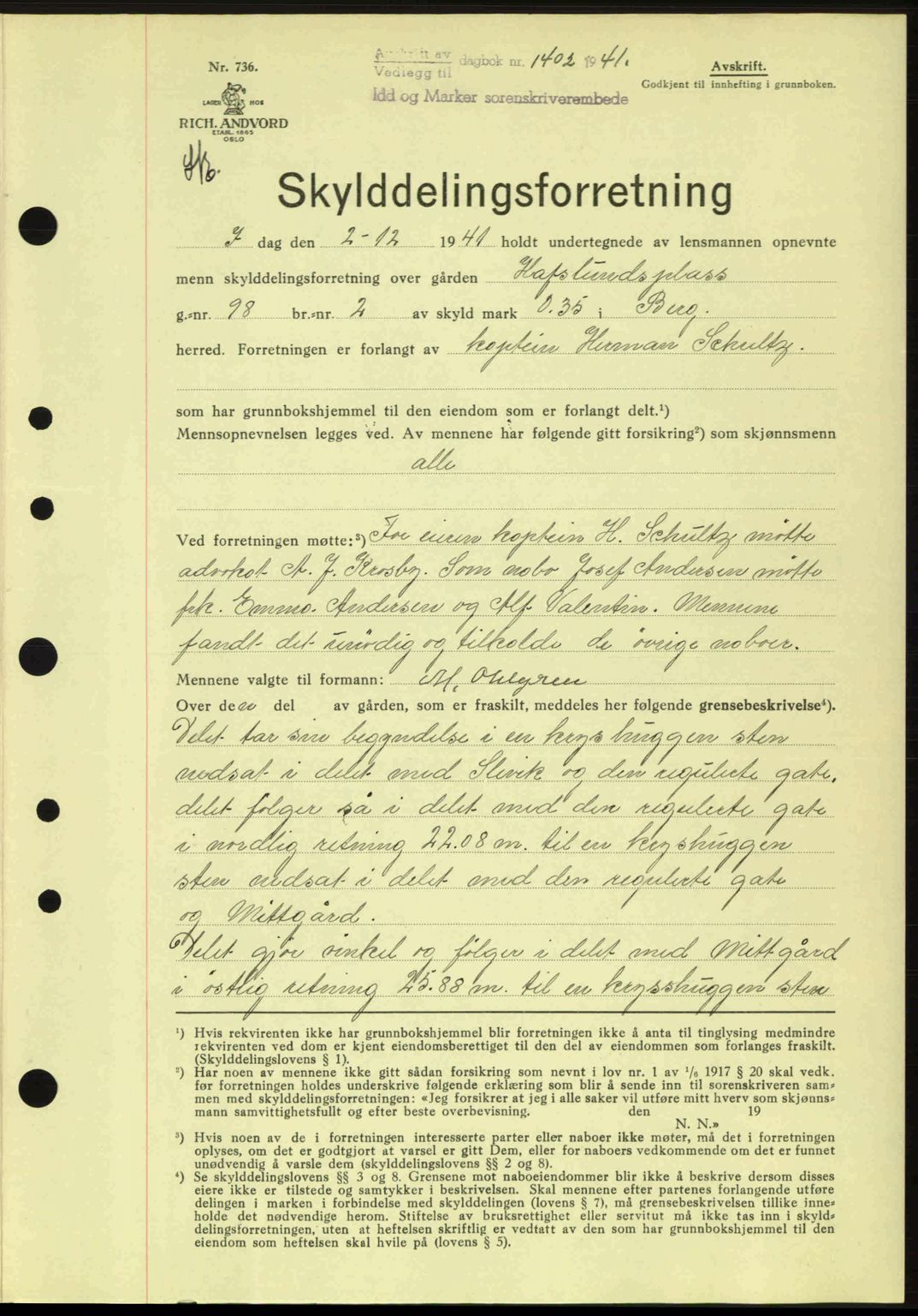 Idd og Marker sorenskriveri, AV/SAO-A-10283/G/Gb/Gbb/L0005: Mortgage book no. A5, 1941-1943, Diary no: : 1402/1941