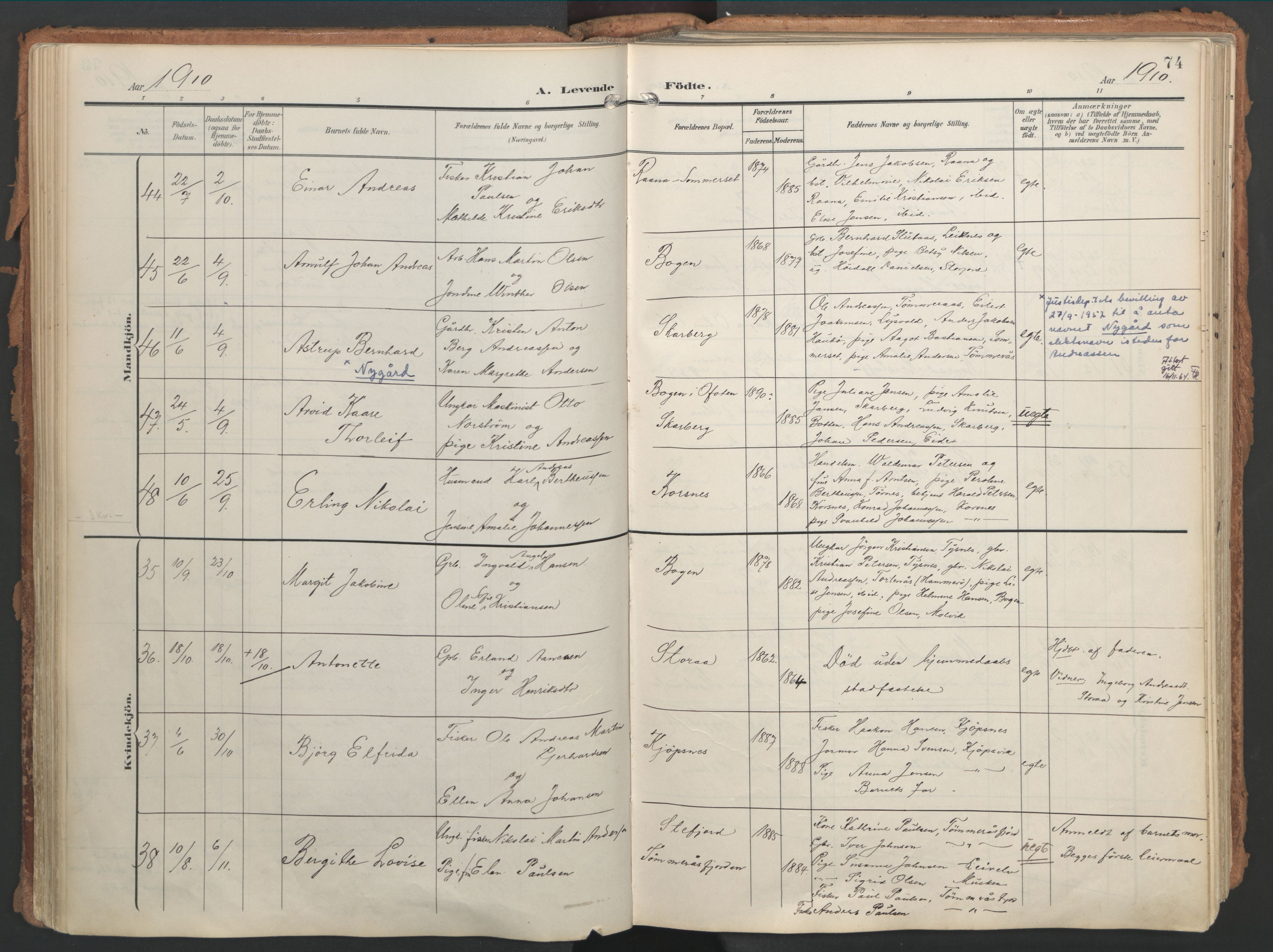 Ministerialprotokoller, klokkerbøker og fødselsregistre - Nordland, AV/SAT-A-1459/861/L0871: Parish register (official) no. 861A06, 1903-1916, p. 74