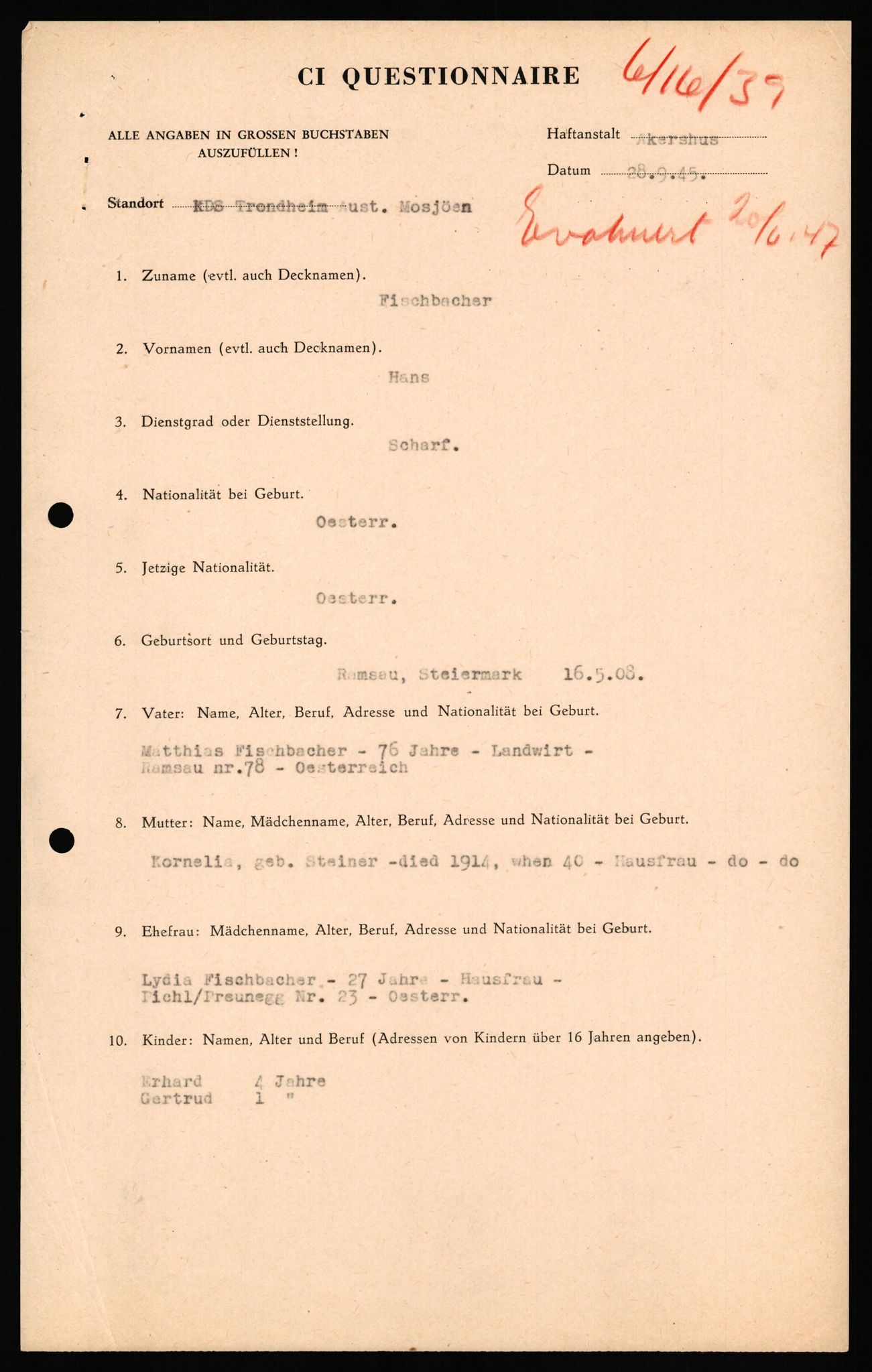 Forsvaret, Forsvarets overkommando II, AV/RA-RAFA-3915/D/Db/L0038: CI Questionaires. Tyske okkupasjonsstyrker i Norge. Østerrikere., 1945-1946, p. 295