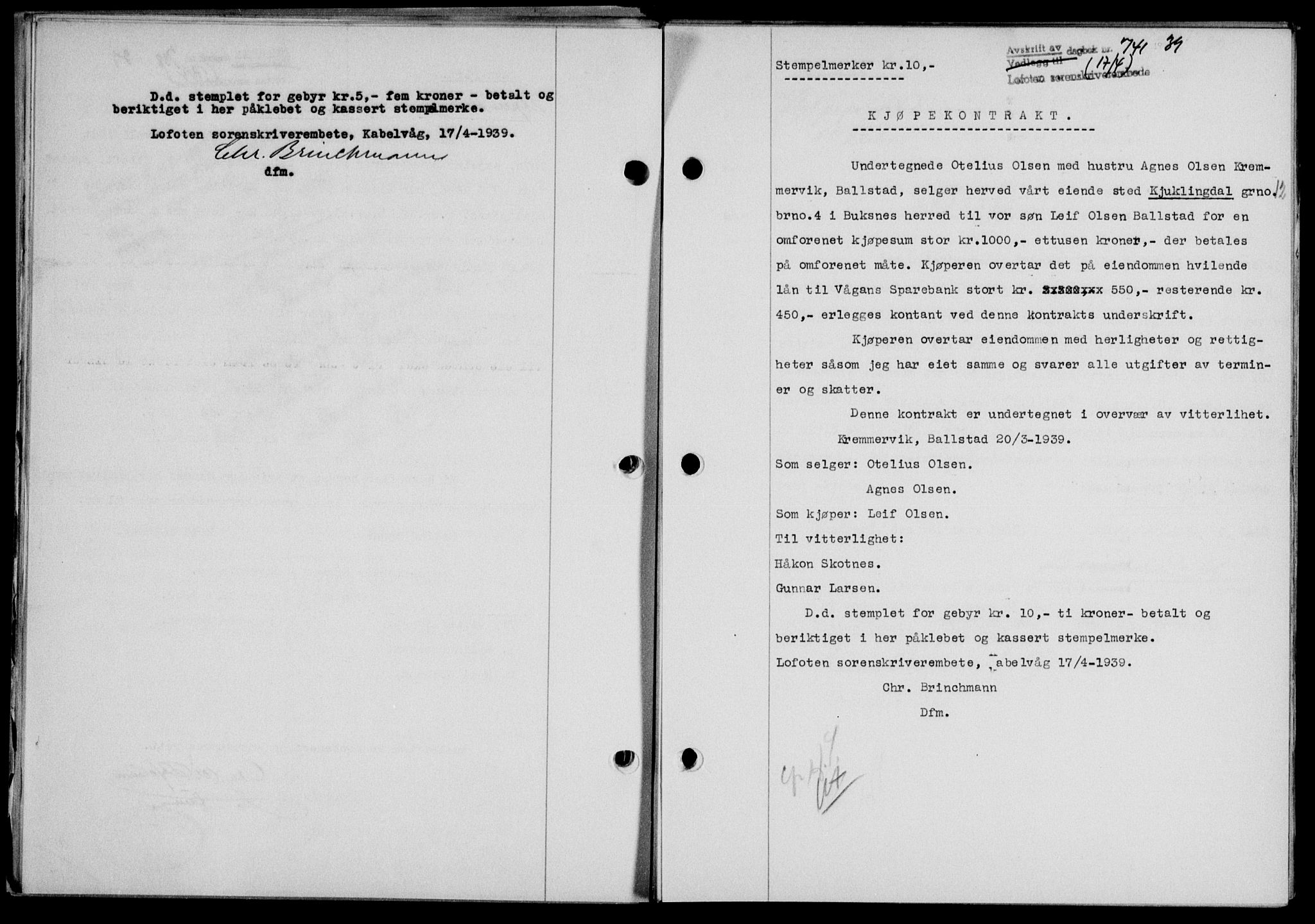 Lofoten sorenskriveri, SAT/A-0017/1/2/2C/L0005a: Mortgage book no. 5a, 1939-1939, Diary no: : 741/1939