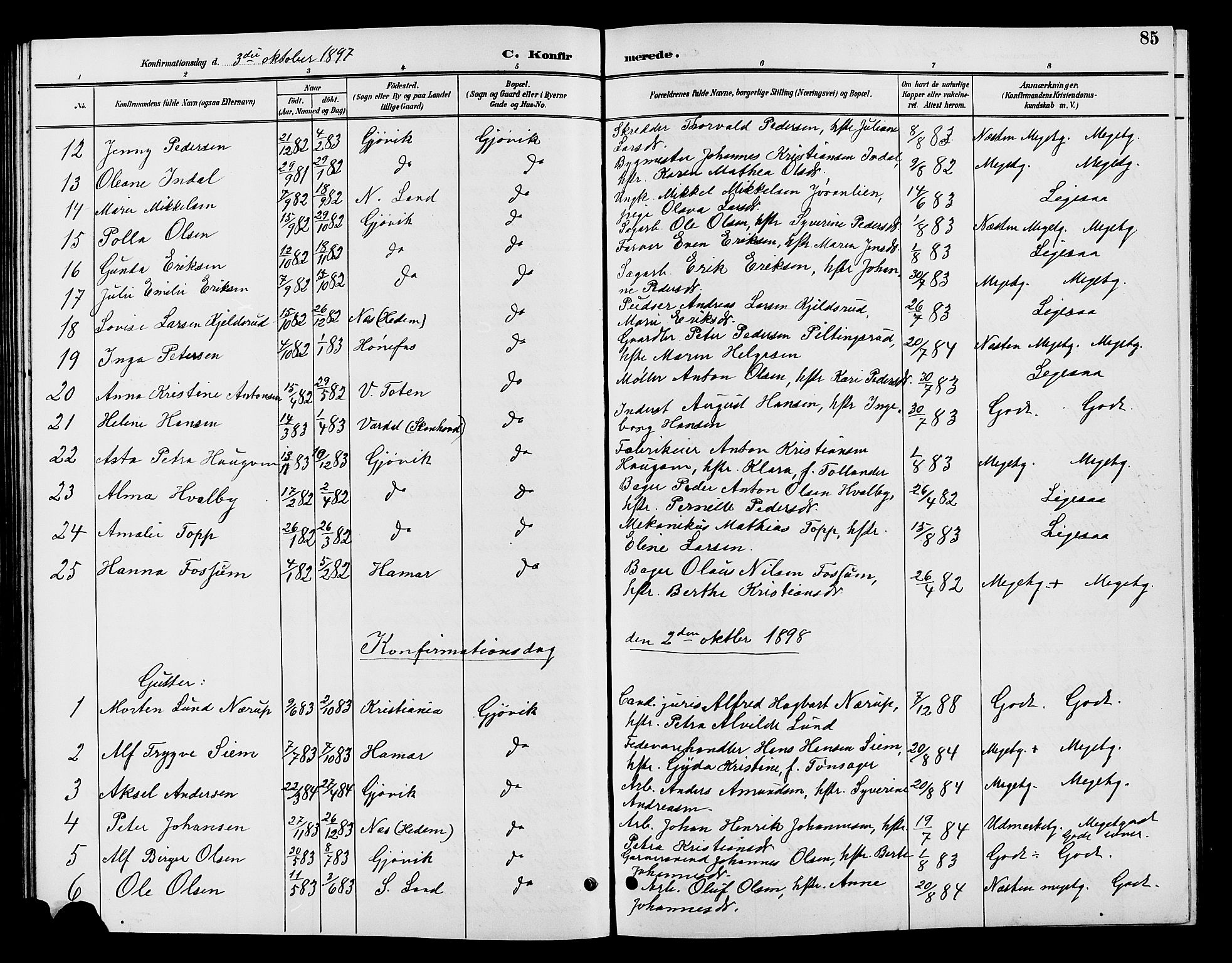 Vardal prestekontor, SAH/PREST-100/H/Ha/Hab/L0009: Parish register (copy) no. 9, 1894-1902, p. 85