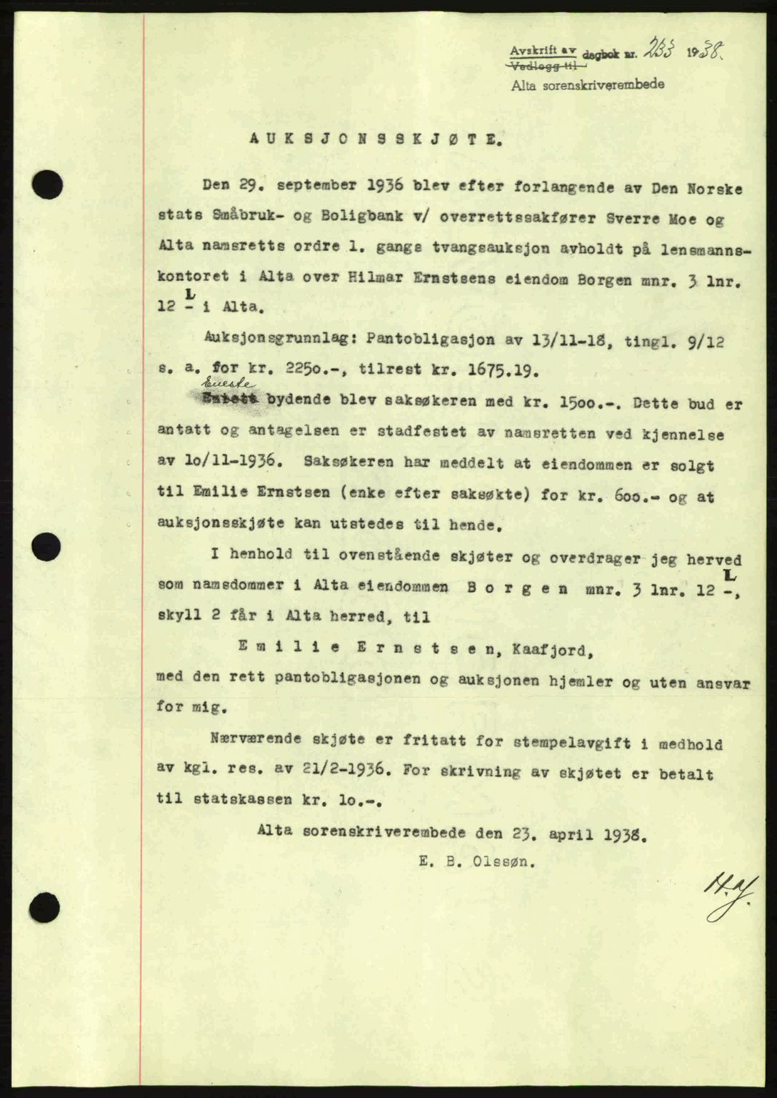 Alta fogderi/sorenskriveri, SATØ/SATØ-5/1/K/Kd/L0031pantebok: Mortgage book no. 31, 1938-1939, Diary no: : 233/1938