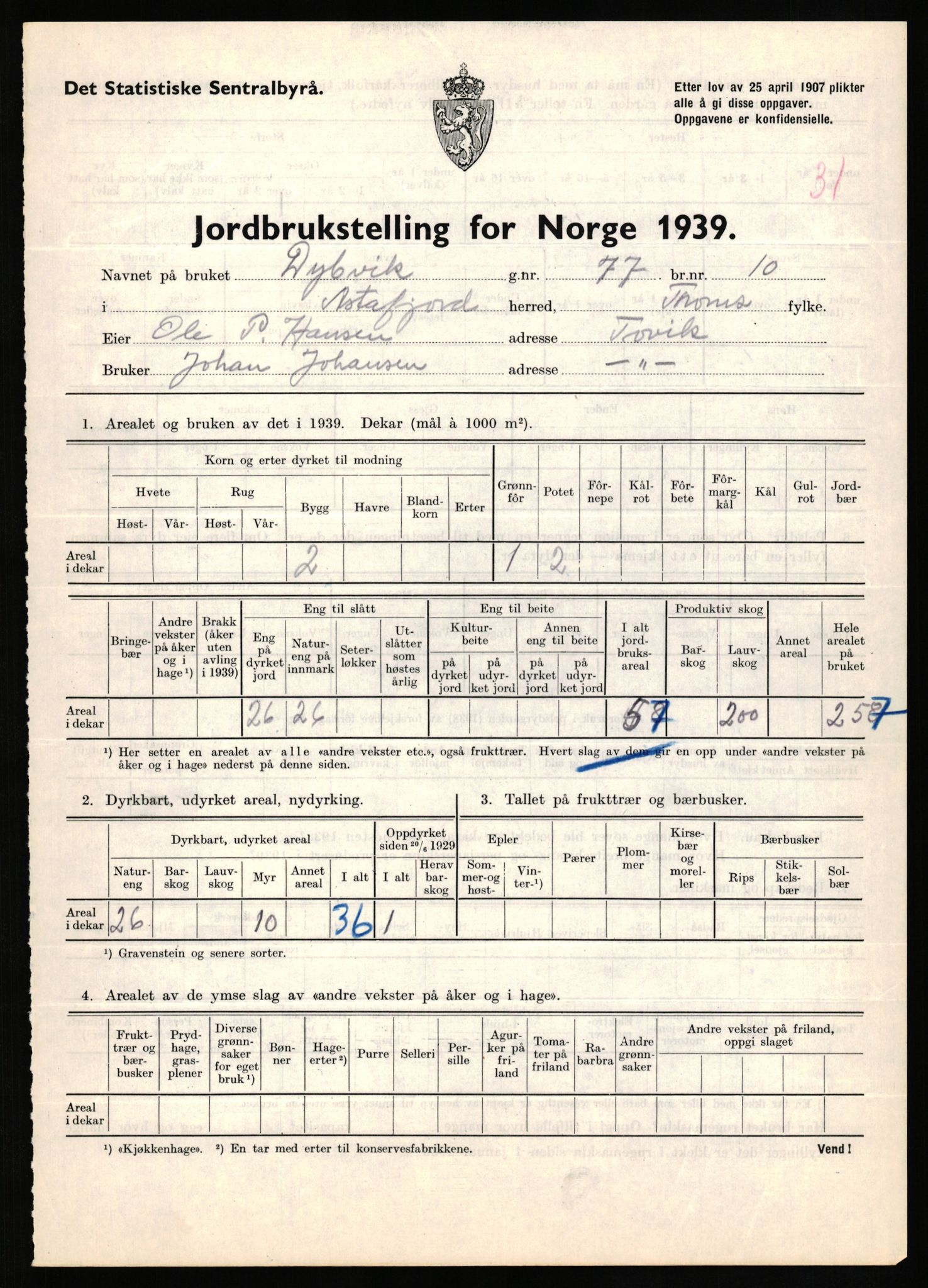 Statistisk sentralbyrå, Næringsøkonomiske emner, Jordbruk, skogbruk, jakt, fiske og fangst, AV/RA-S-2234/G/Gb/L0339: Troms: Andørja, Astafjord og Lavangen, 1939, p. 365