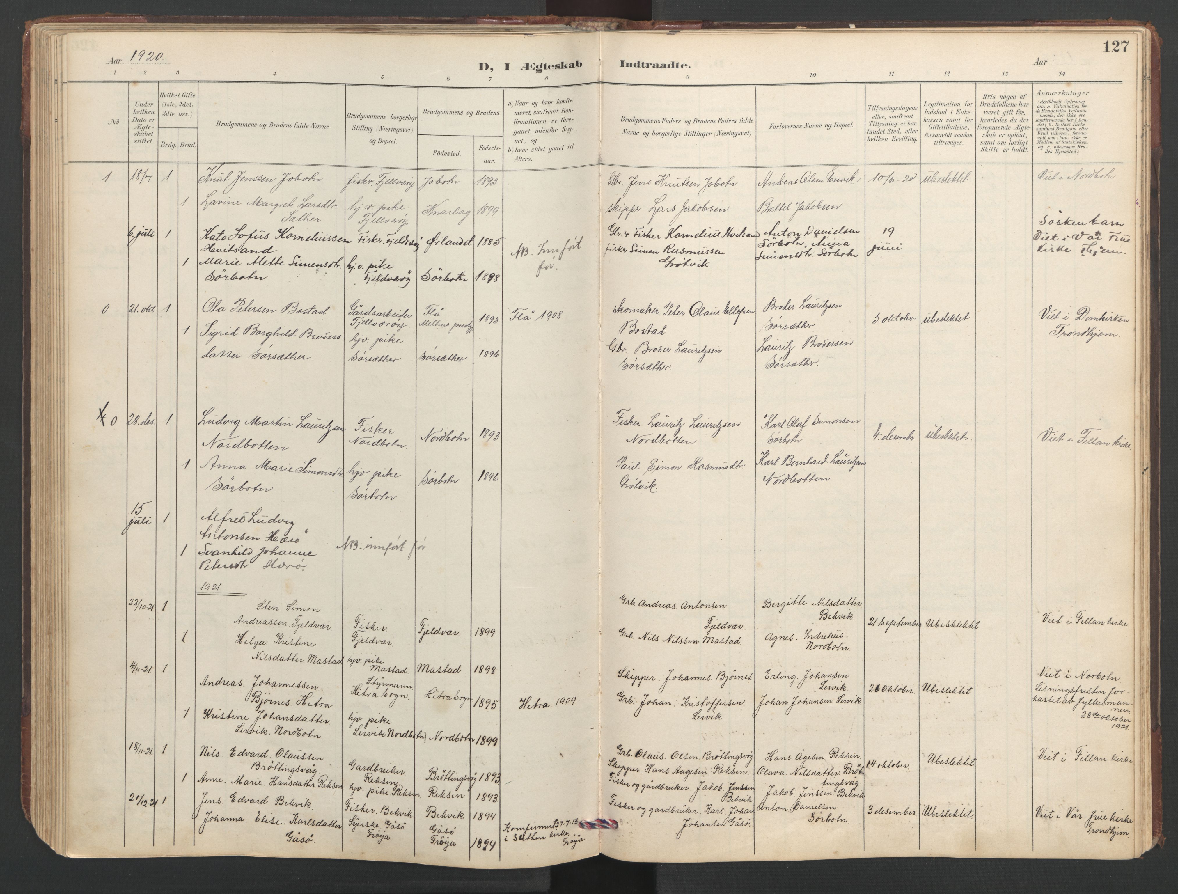 Ministerialprotokoller, klokkerbøker og fødselsregistre - Sør-Trøndelag, SAT/A-1456/638/L0571: Parish register (copy) no. 638C03, 1901-1930, p. 127